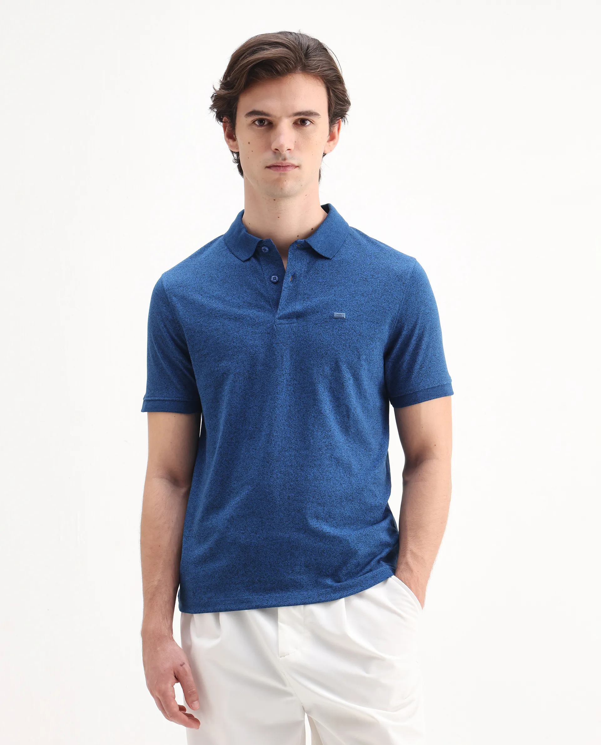 Rare Rabbit Men's Schop Navy Cotton Plain Regular Fit Half Sleeve Polo - Image 4