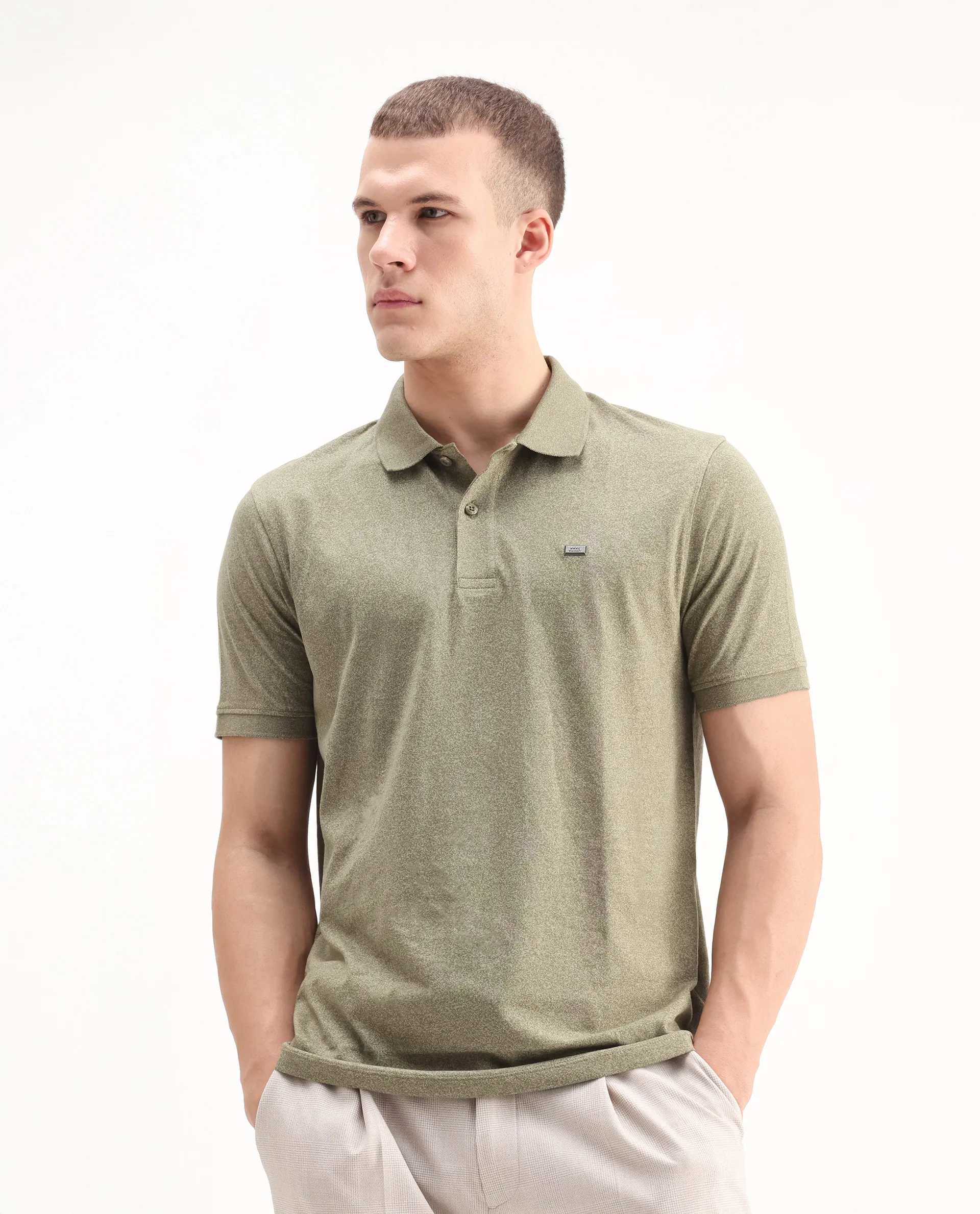 Rare Rabbit Men's Schop Olive Cotton Plain Regular Fit Half Sleeve Polo - Image 3