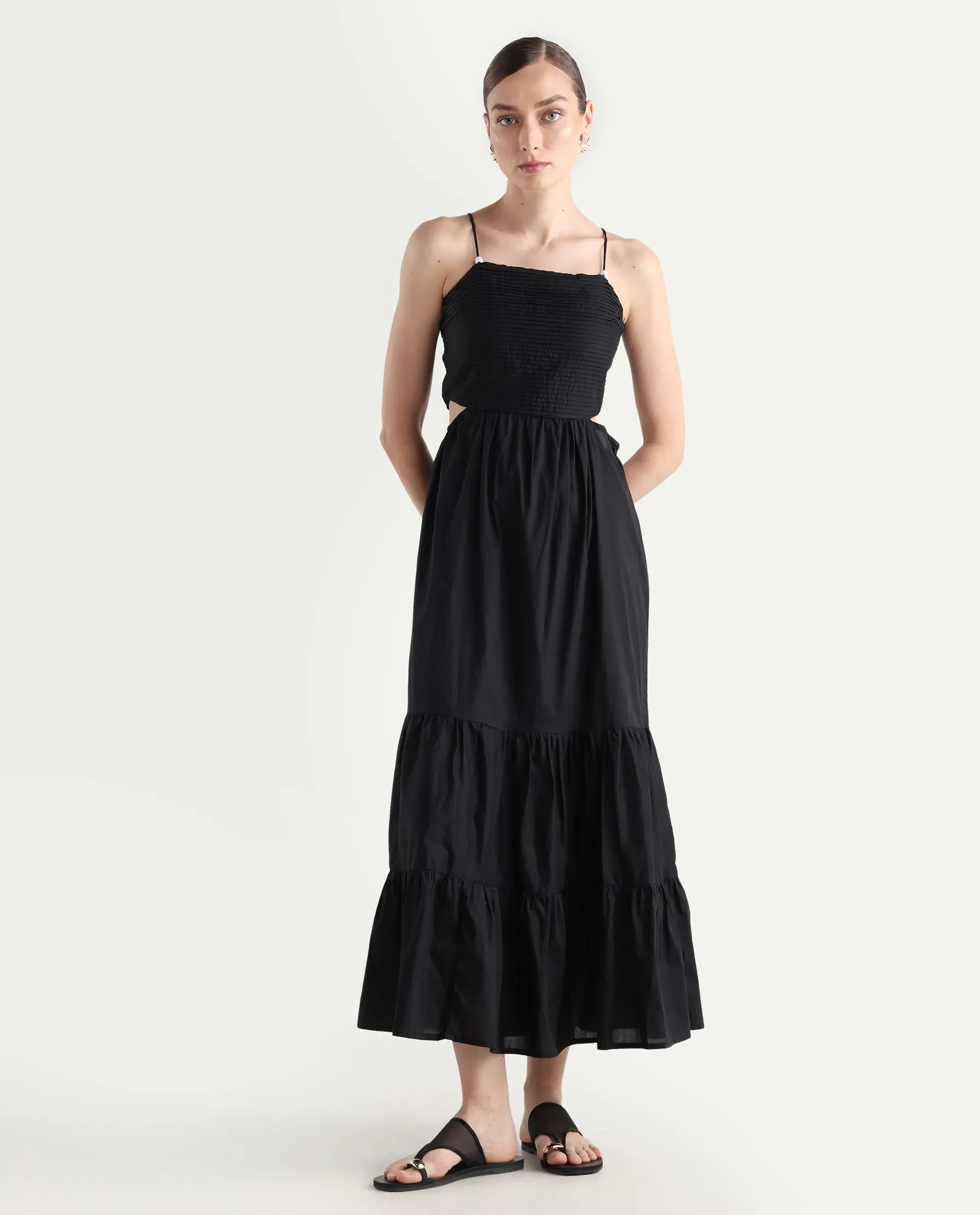Rareism Women's Schor Black Cotton Shoulder Strap Plain Sleeveless Maxi Fit And Flare Dress - Image 2