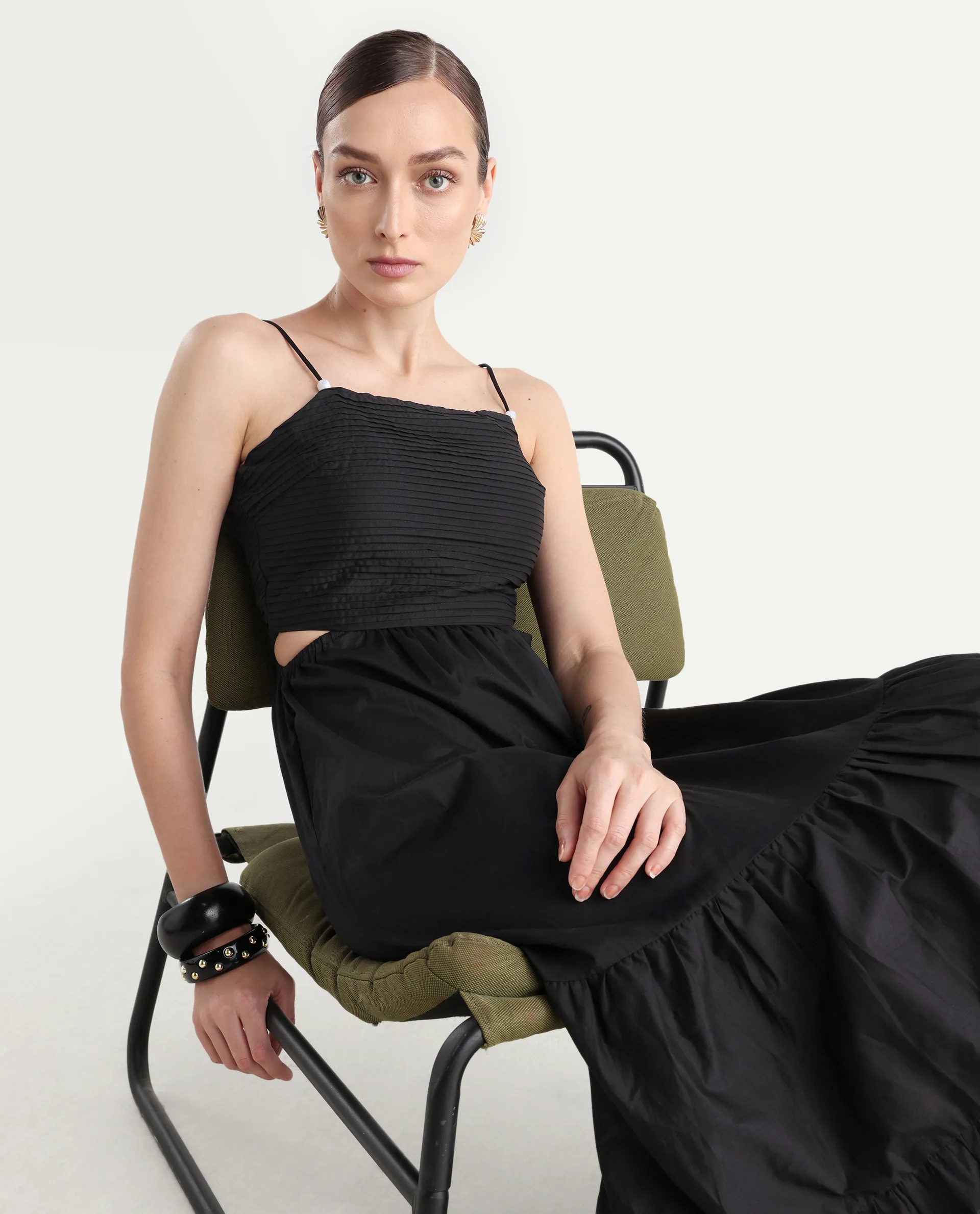 Rareism Women's Schor Black Cotton Shoulder Strap Plain Sleeveless Maxi Fit And Flare Dress - Image 3
