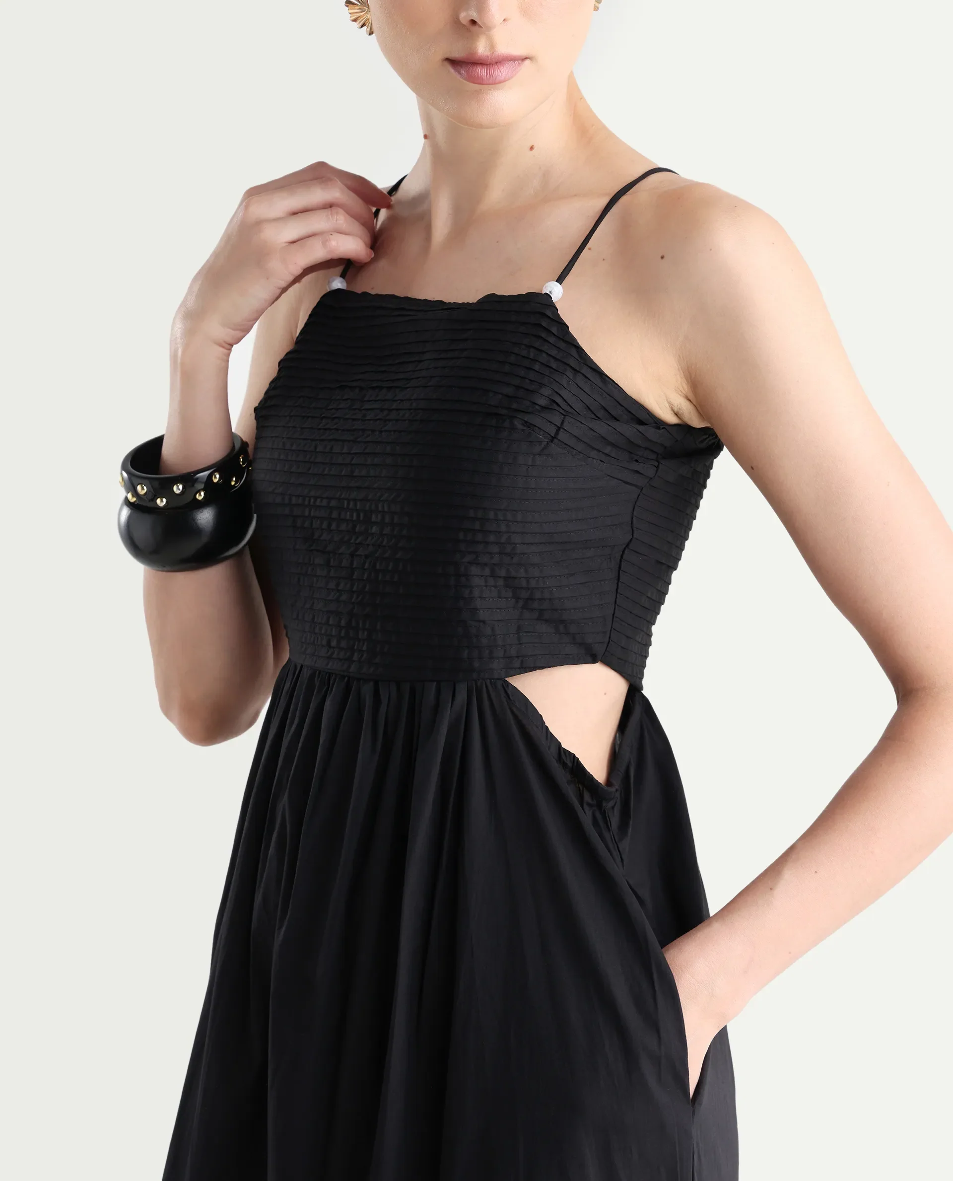 Rareism Women's Schor Black Cotton Shoulder Strap Plain Sleeveless Maxi Fit And Flare Dress - Image 4