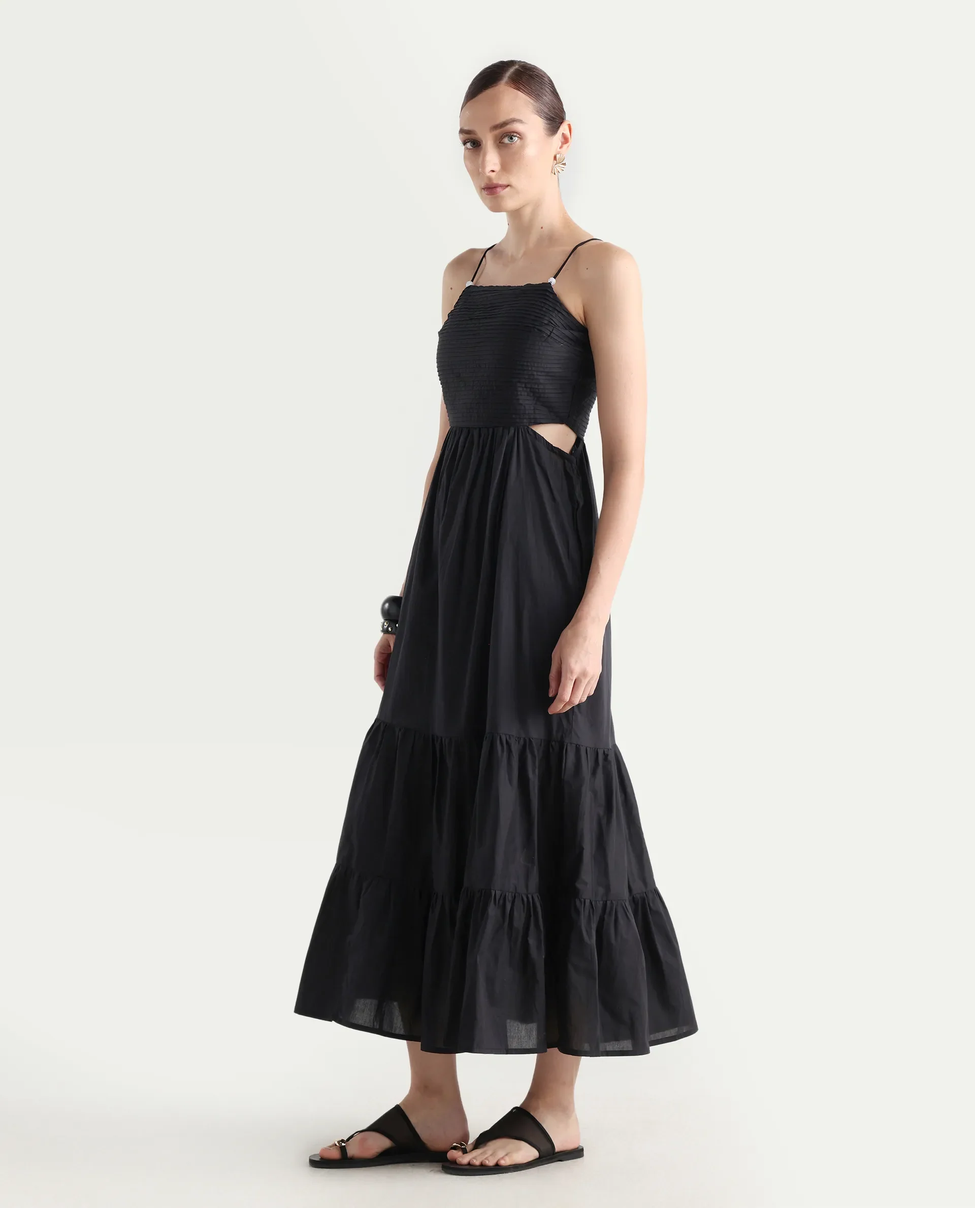 Rareism Women's Schor Black Cotton Shoulder Strap Plain Sleeveless Maxi Fit And Flare Dress - Image 5