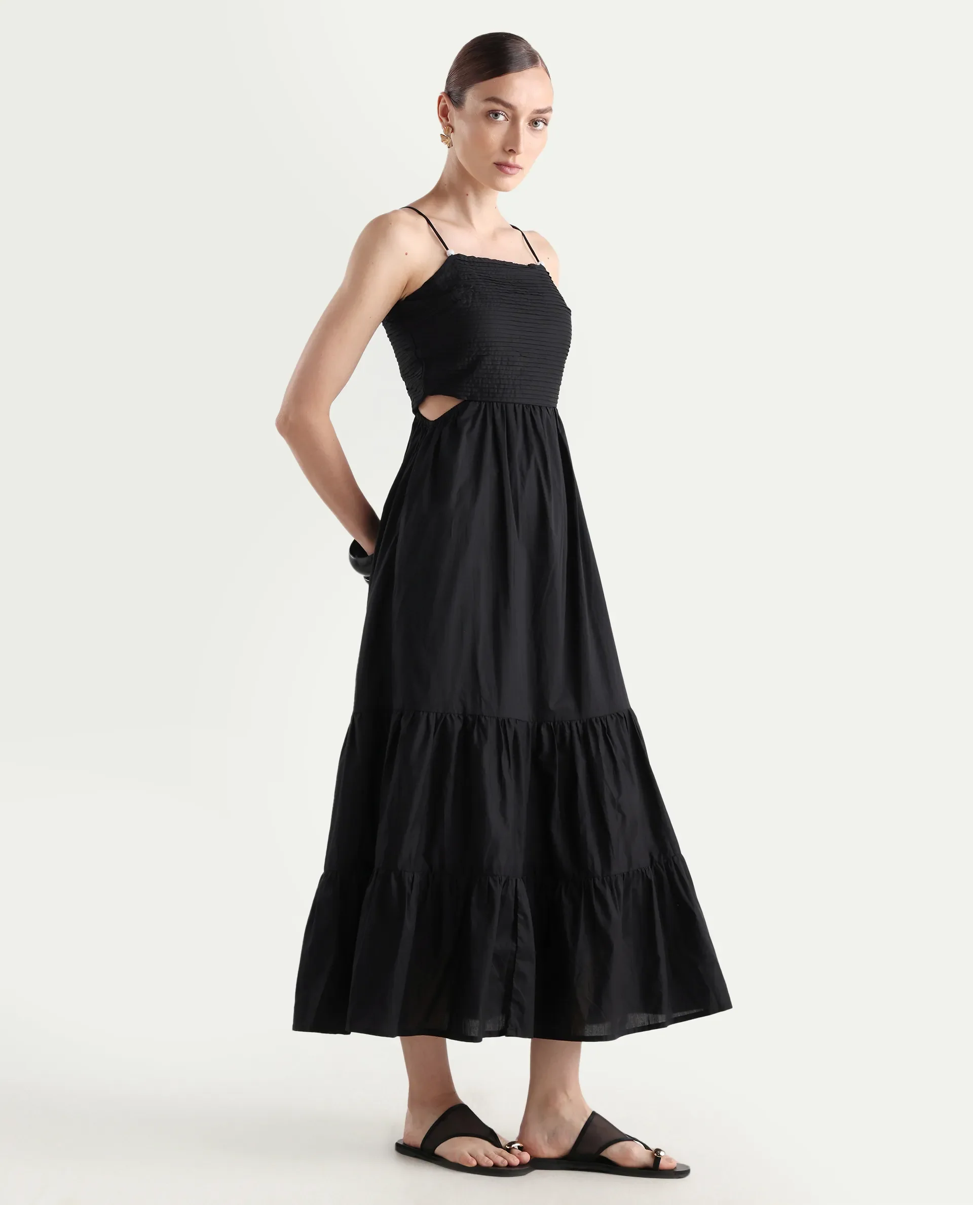 Rareism Women's Schor Black Cotton Shoulder Strap Plain Sleeveless Maxi Fit And Flare Dress - Image 6