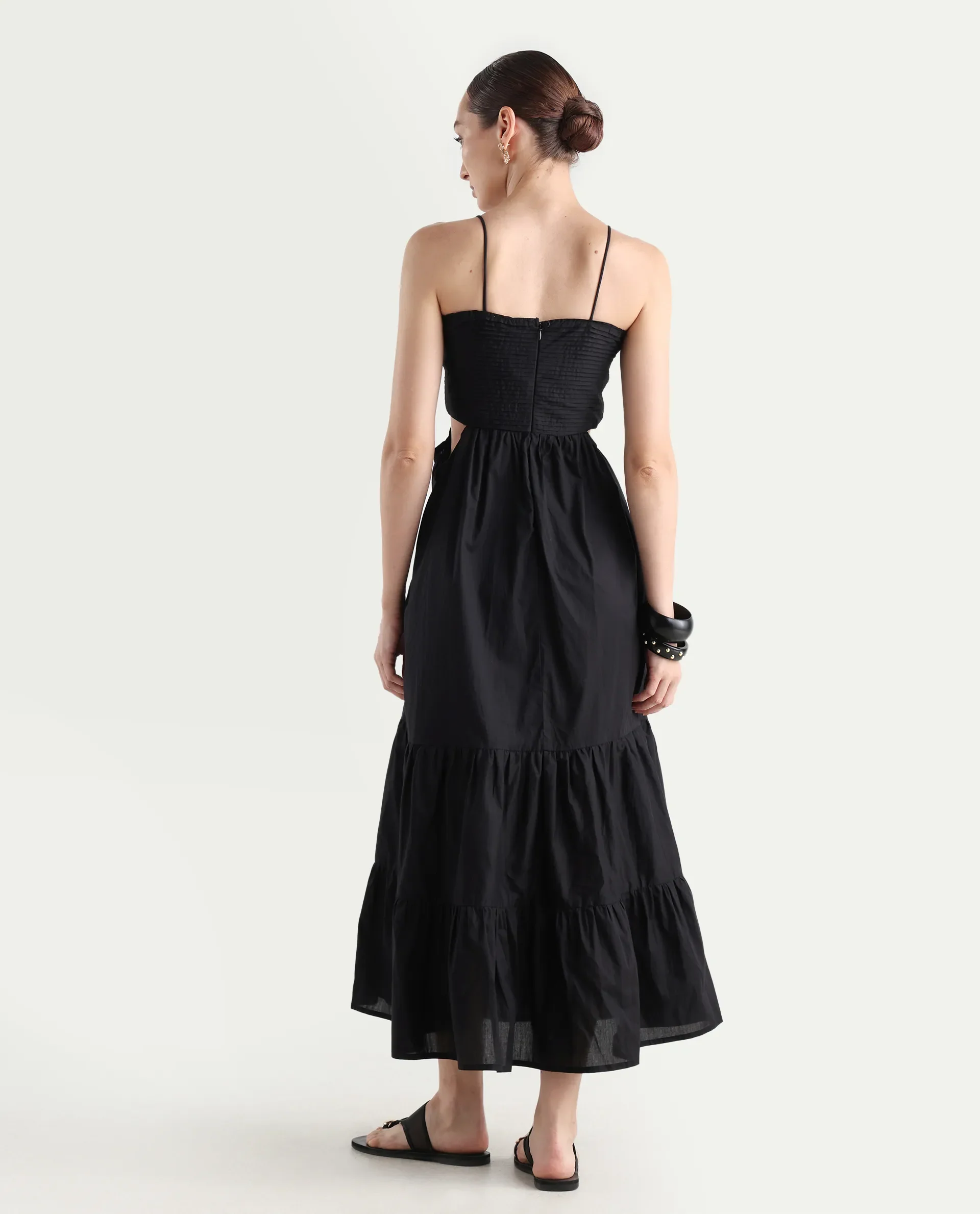 Rareism Women's Schor Black Cotton Shoulder Strap Plain Sleeveless Maxi Fit And Flare Dress - Image 7