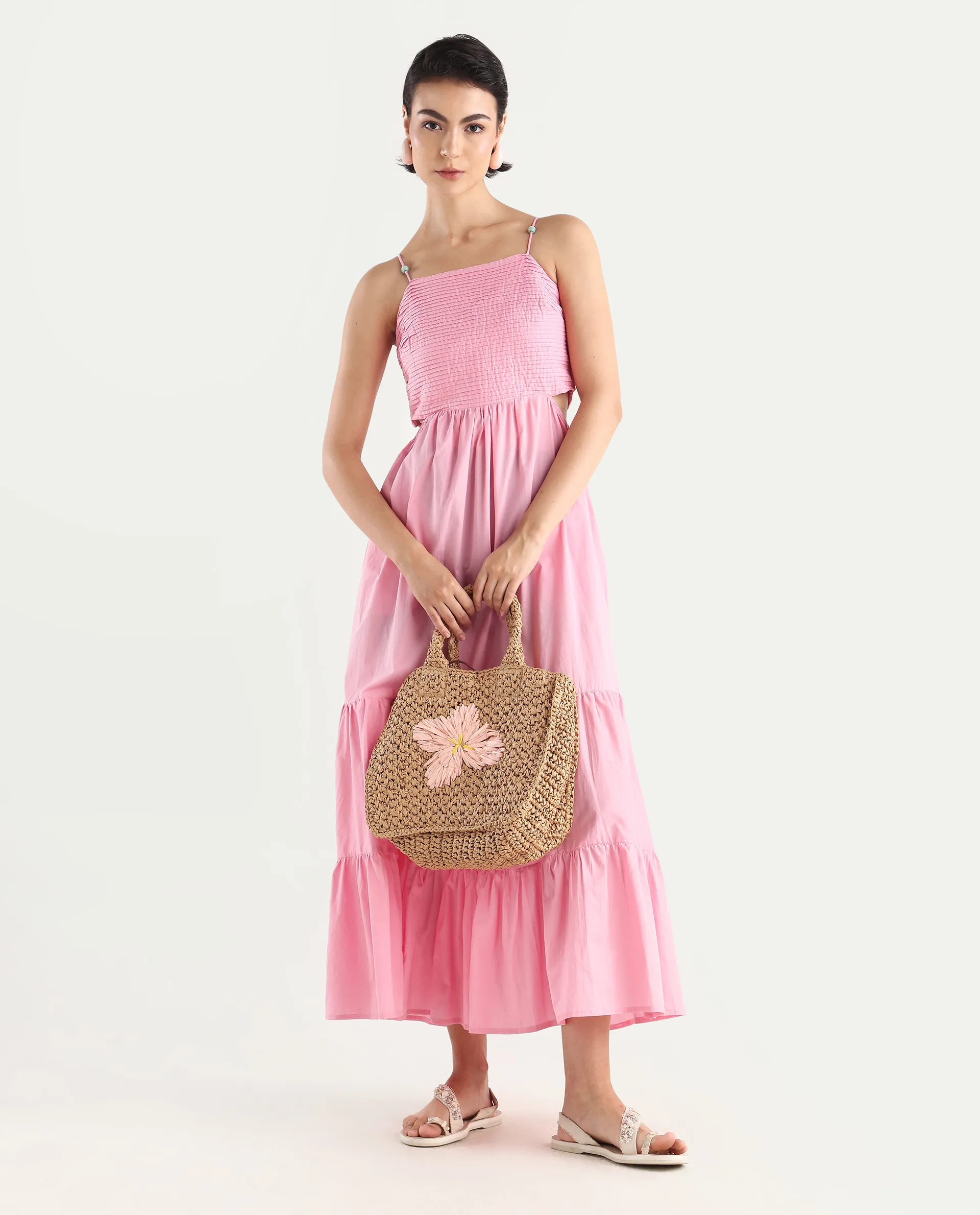 Rareism Women's Schor Pink Cotton Shoulder Strap Plain Maxi Fit And Flare Dress