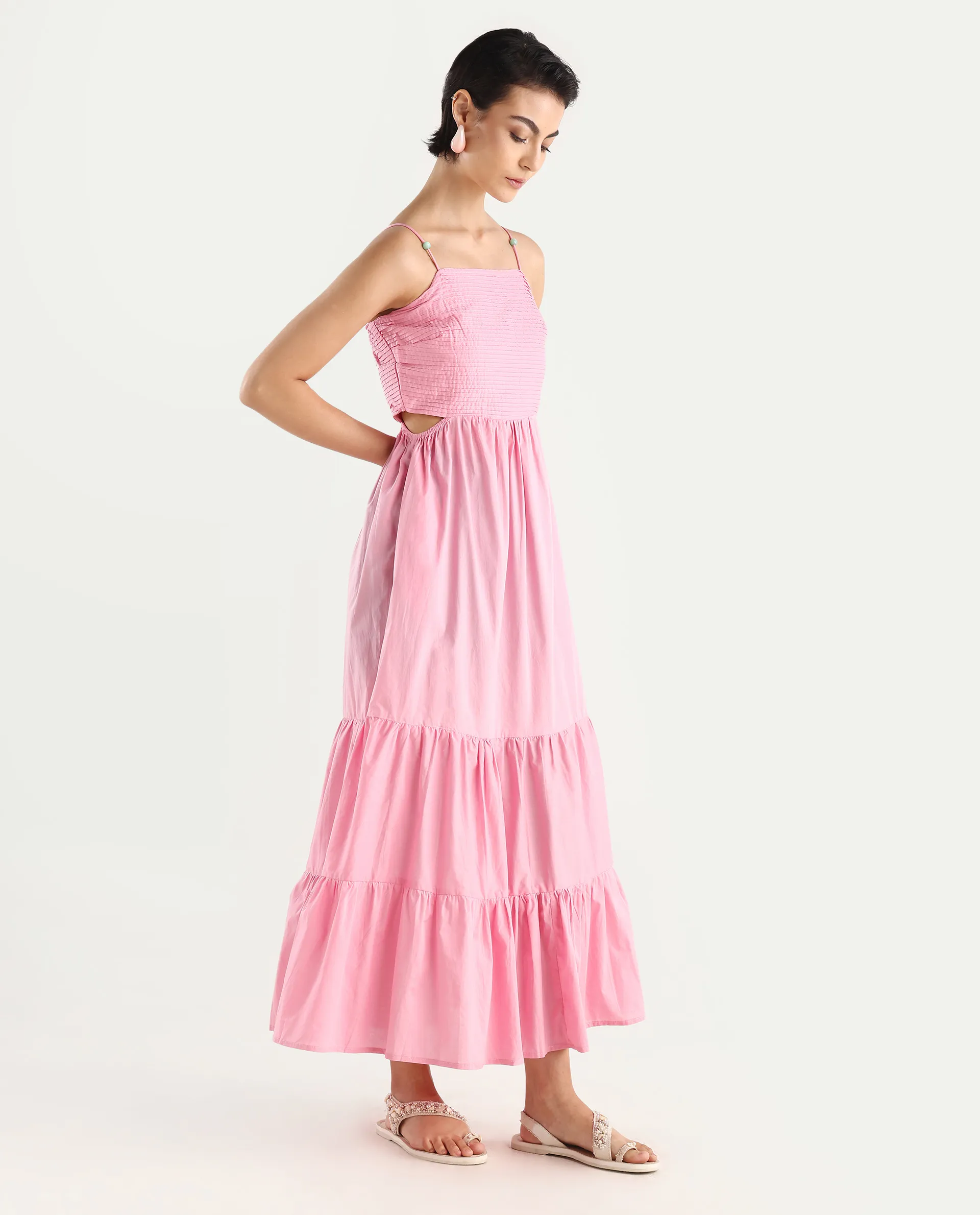 Rareism Women's Schor Pink Cotton Shoulder Strap Plain Maxi Fit And Flare Dress - Image 2