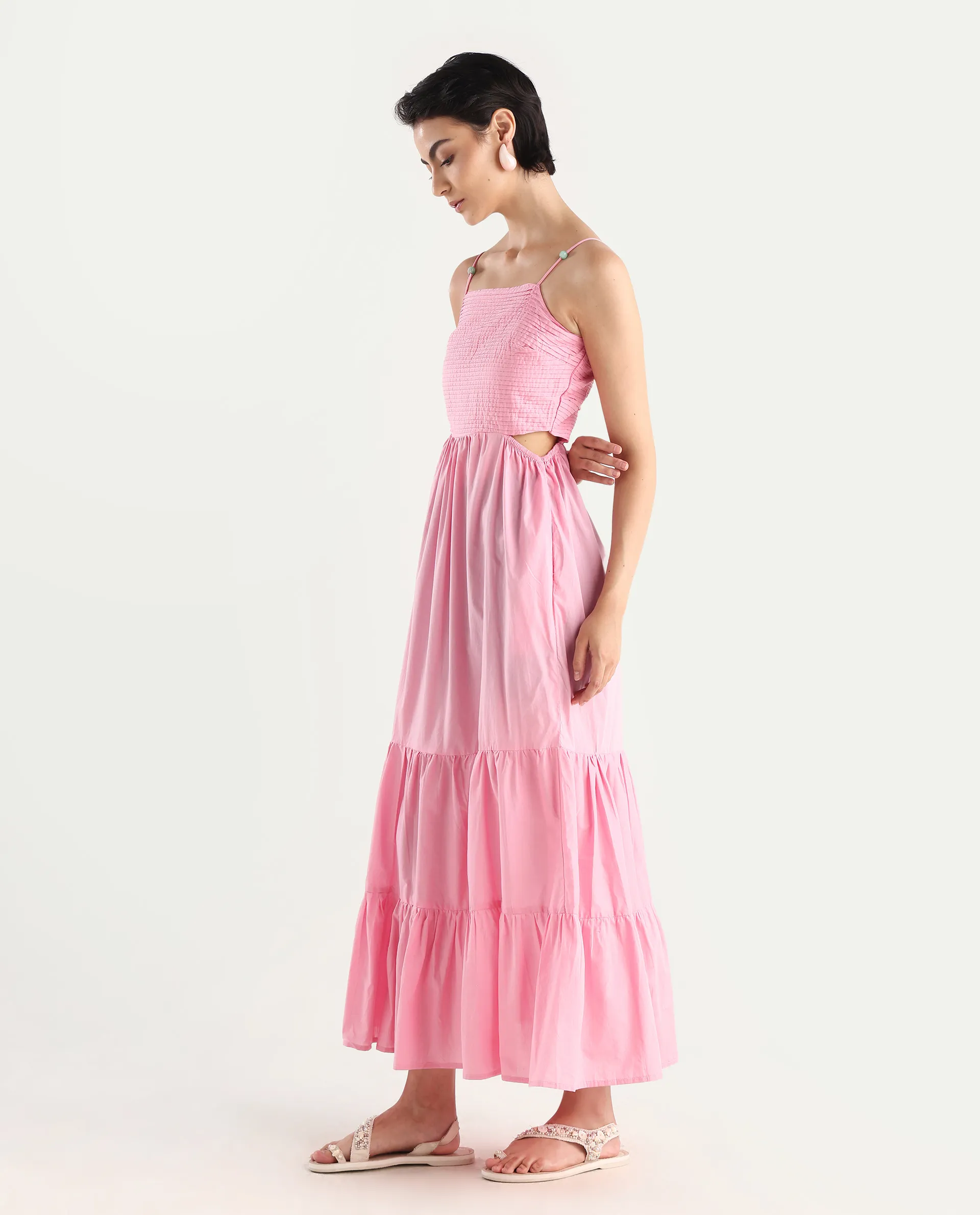 Rareism Women's Schor Pink Cotton Shoulder Strap Plain Maxi Fit And Flare Dress - Image 3