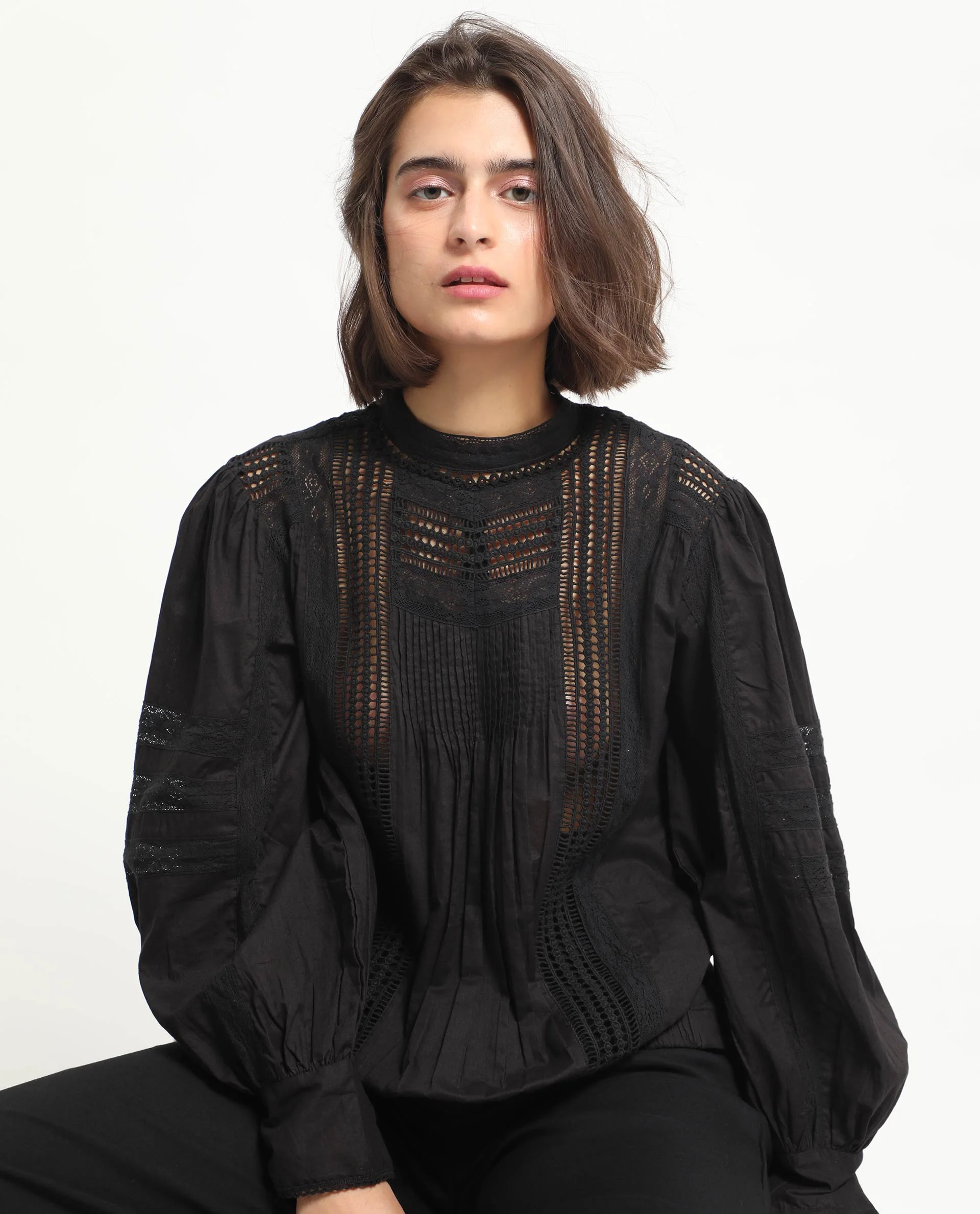 Rareism Women's Schwan Black Cotton High Neck Plain Balloon Sleeve Regular Fit Top