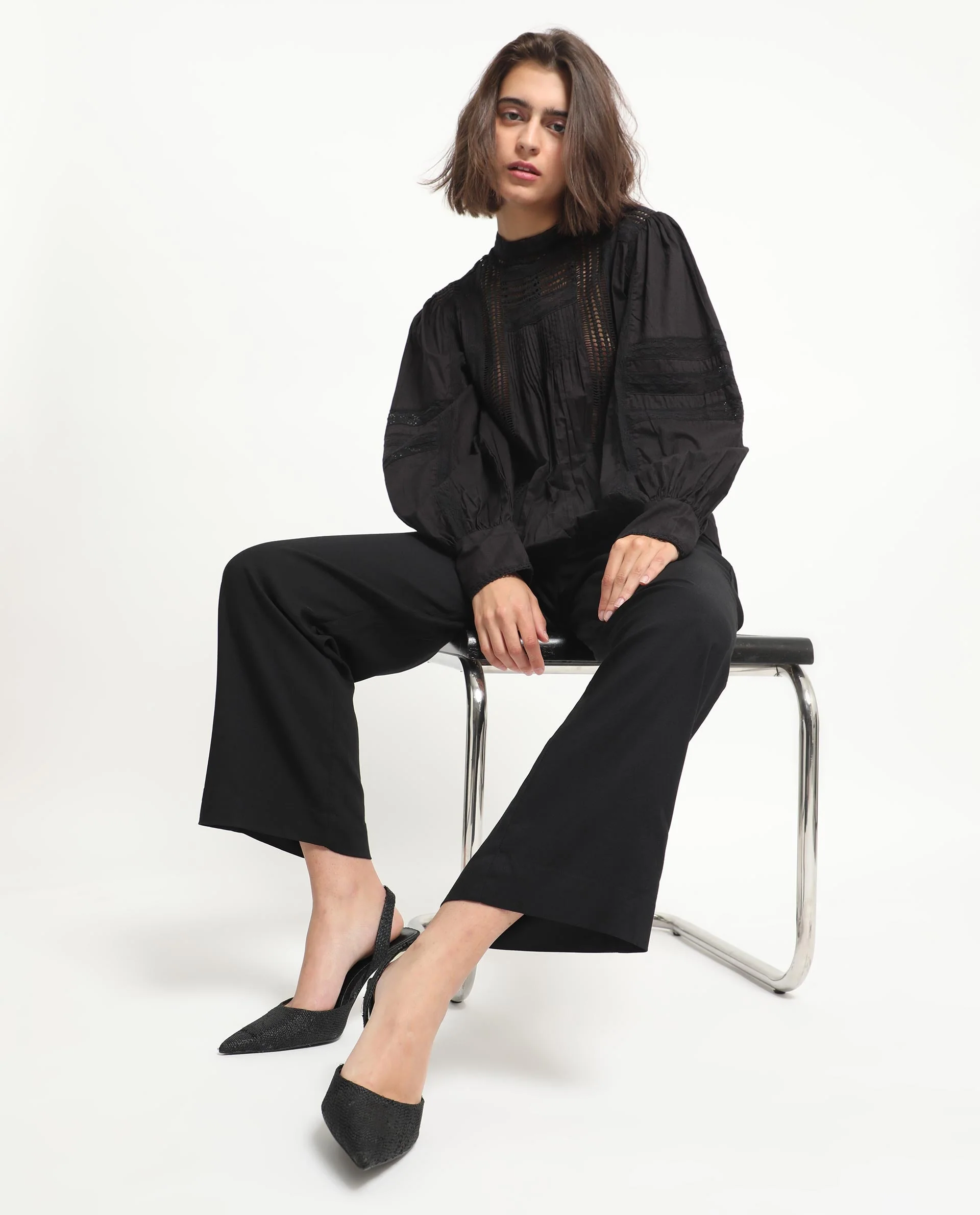 Rareism Women's Schwan Black Cotton High Neck Plain Balloon Sleeve Regular Fit Top - Image 2