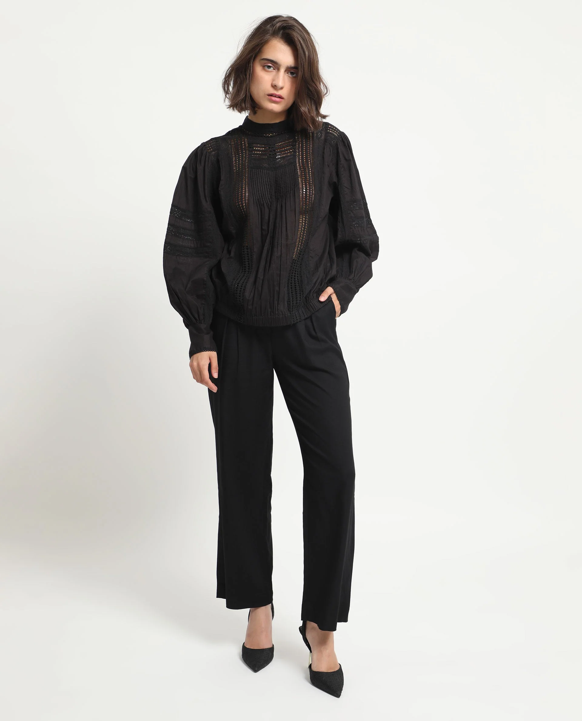 Rareism Women's Schwan Black Cotton High Neck Plain Balloon Sleeve Regular Fit Top - Image 3