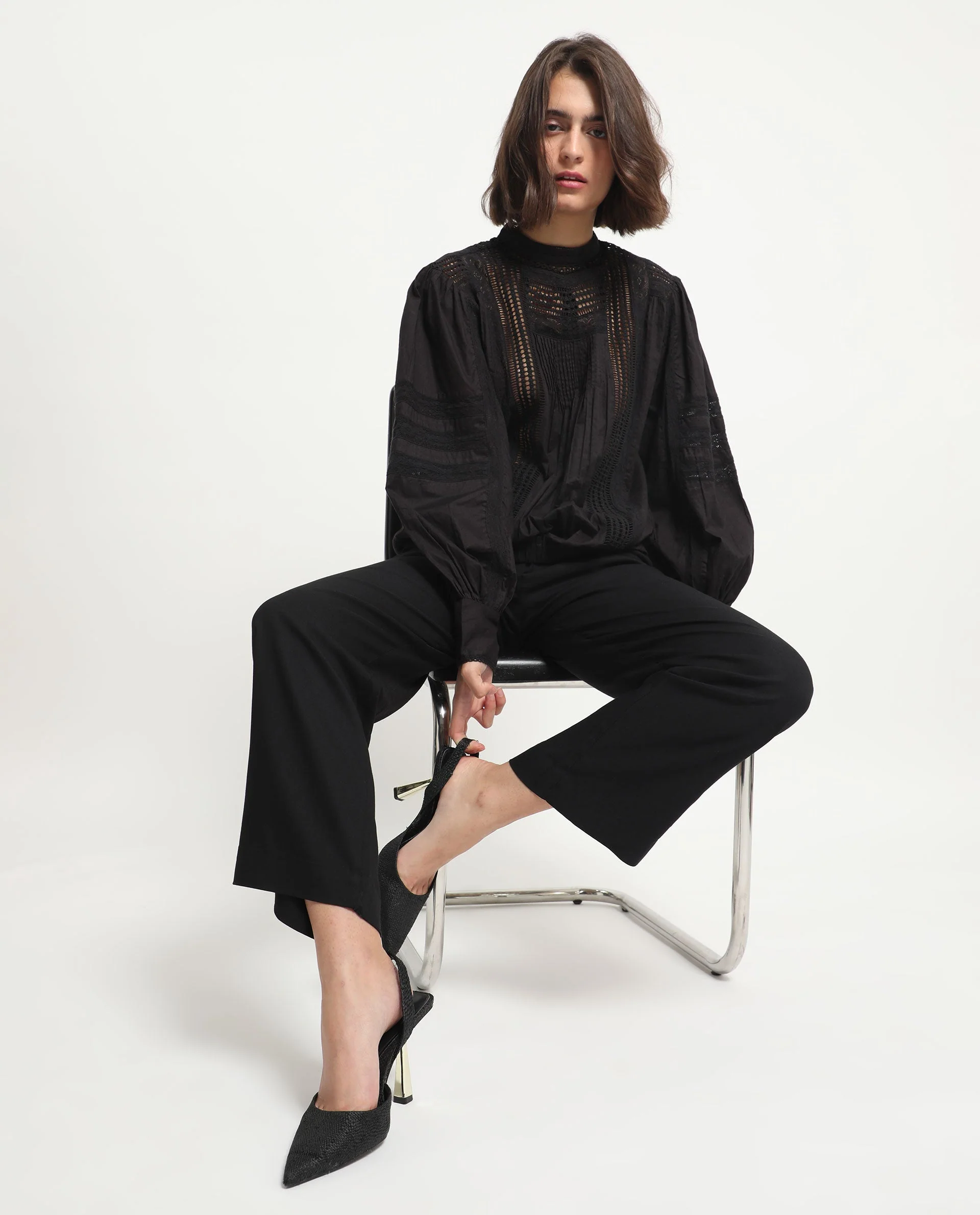 Rareism Women's Schwan Black Cotton High Neck Plain Balloon Sleeve Regular Fit Top - Image 4