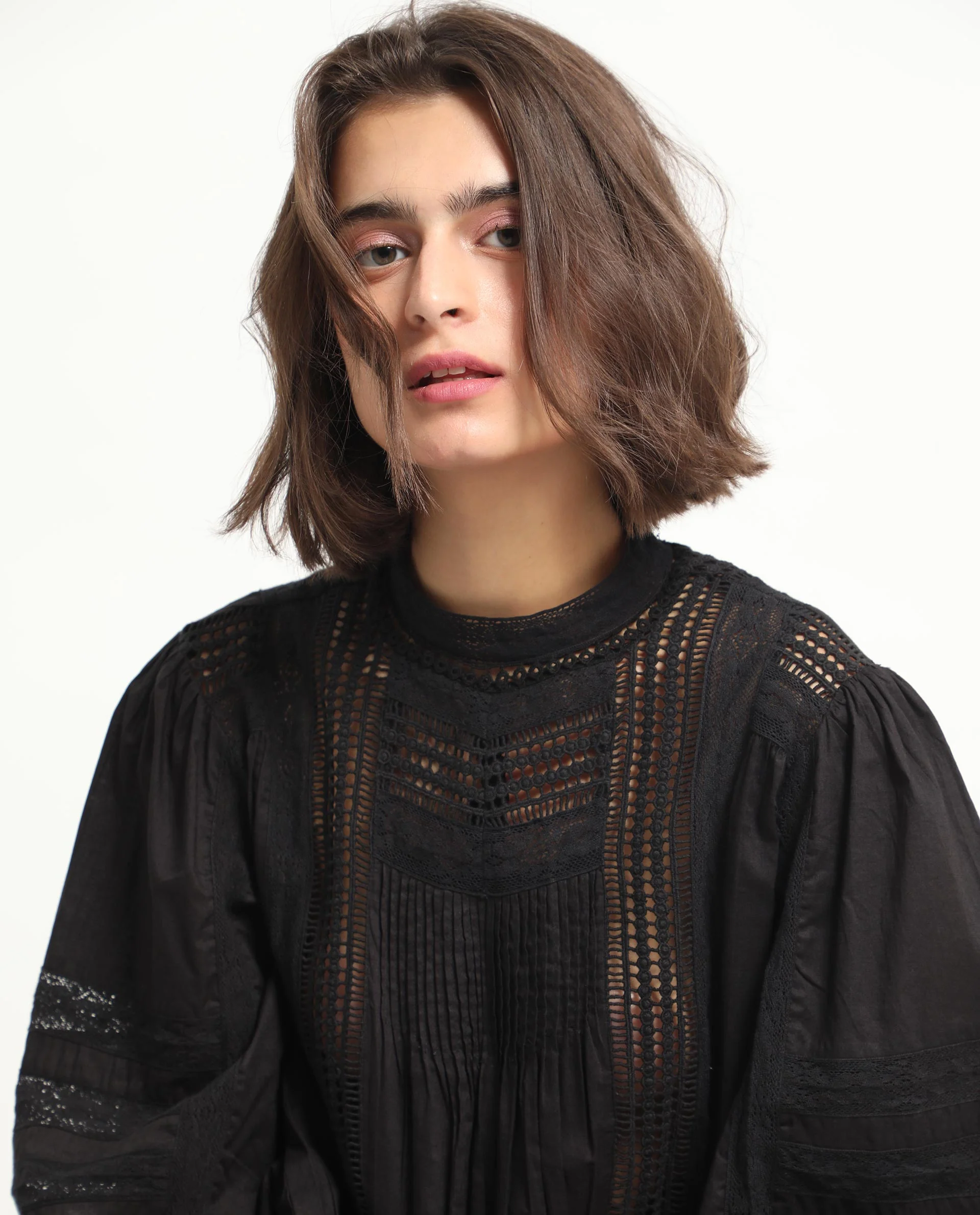 Rareism Women's Schwan Black Cotton High Neck Plain Balloon Sleeve Regular Fit Top - Image 6