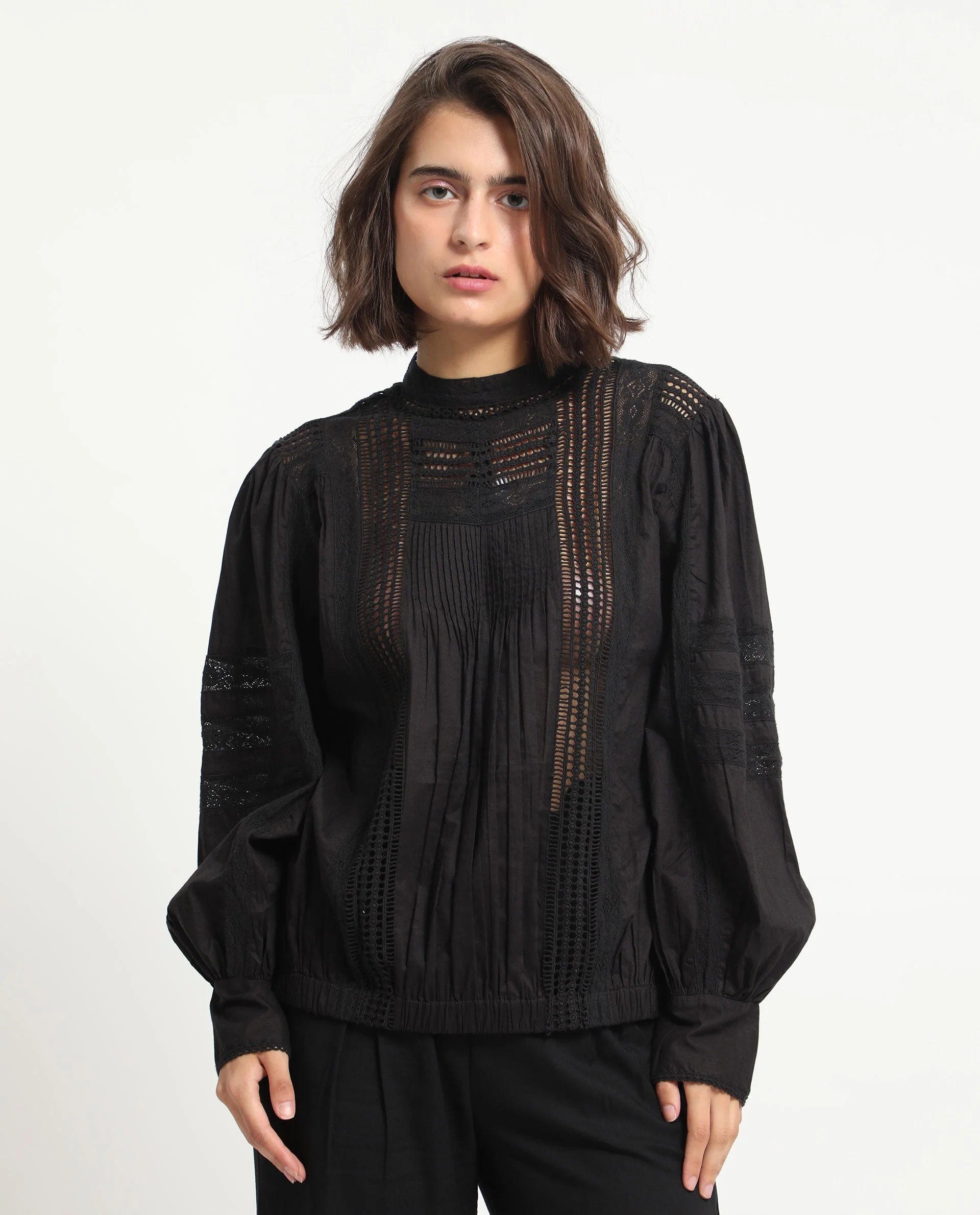 Rareism Women's Schwan Black Cotton High Neck Plain Balloon Sleeve Regular Fit Top - Image 7
