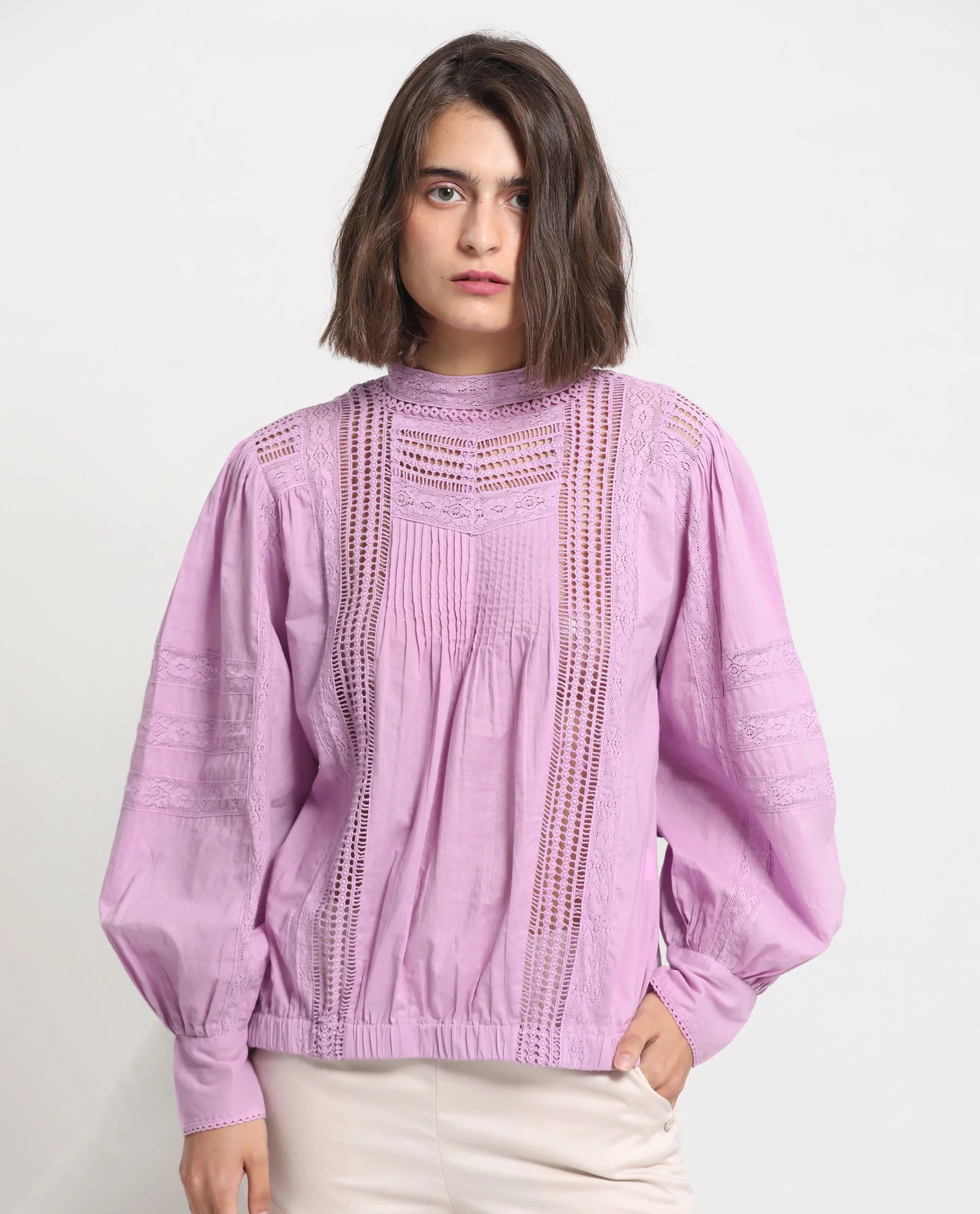 Rareism Women's Schwan Light Purple Cotton High Neck Plain Balloon Sleeve Regular Fit Top