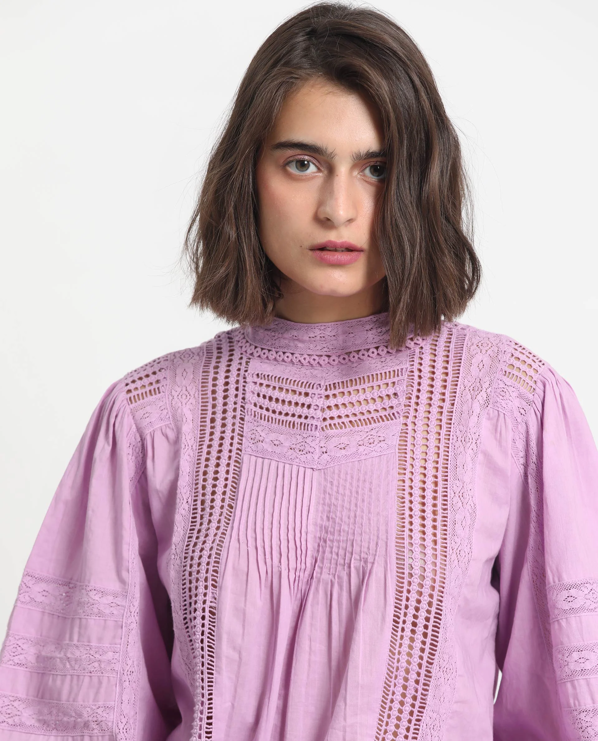 Rareism Women's Schwan Light Purple Cotton High Neck Plain Balloon Sleeve Regular Fit Top - Image 2