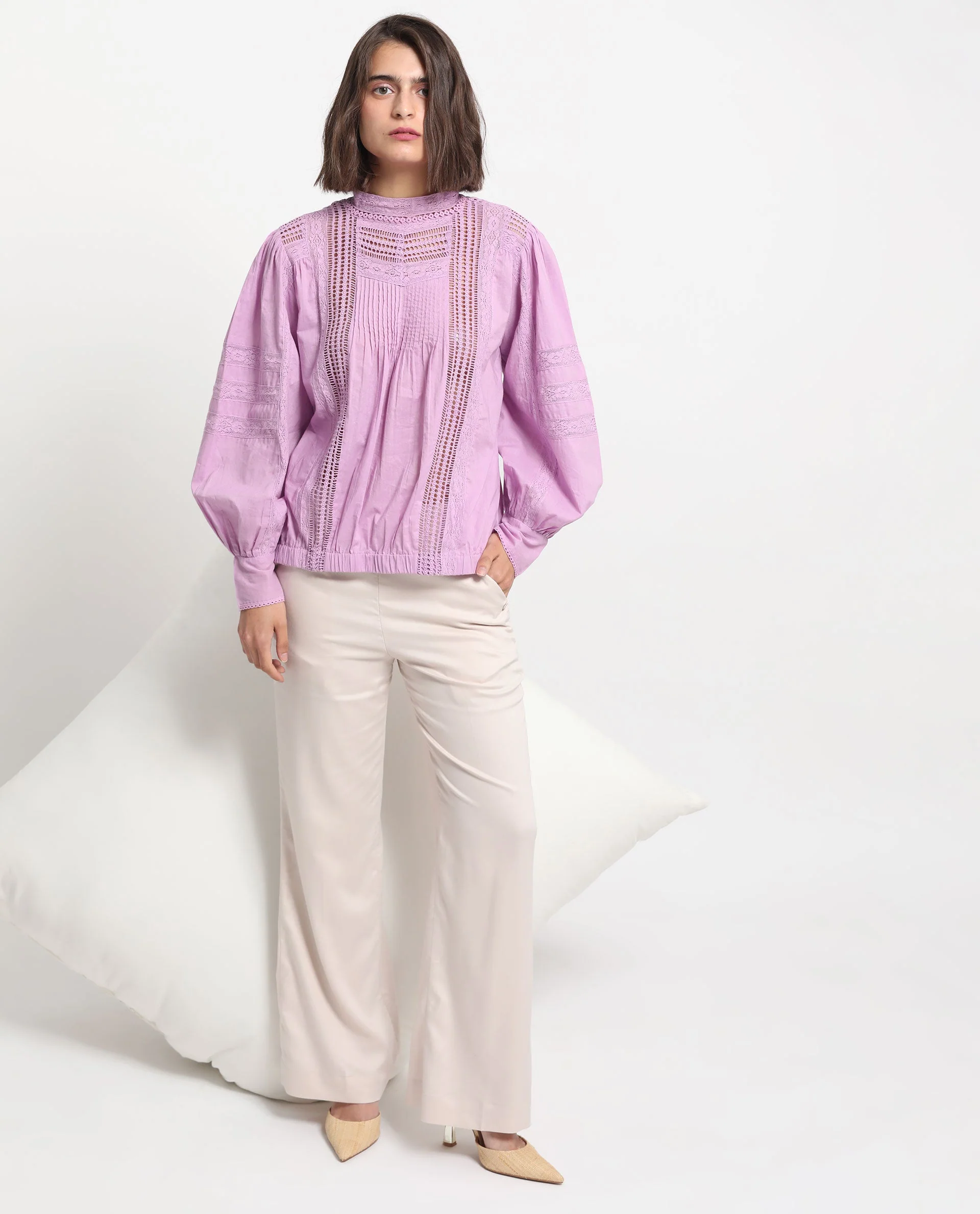 Rareism Women's Schwan Light Purple Cotton High Neck Plain Balloon Sleeve Regular Fit Top - Image 3