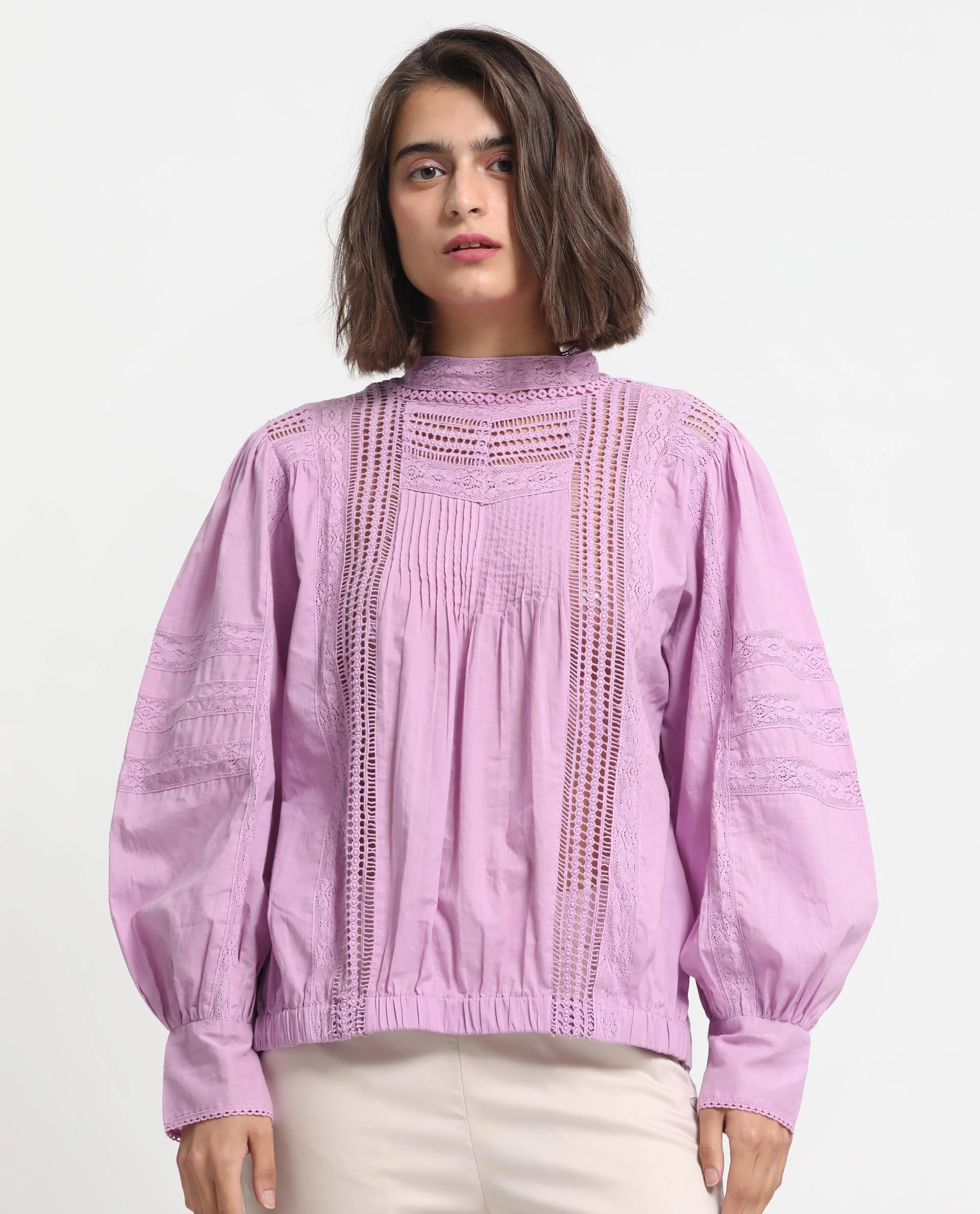 Rareism Women's Schwan Light Purple Cotton High Neck Plain Balloon Sleeve Regular Fit Top - Image 4
