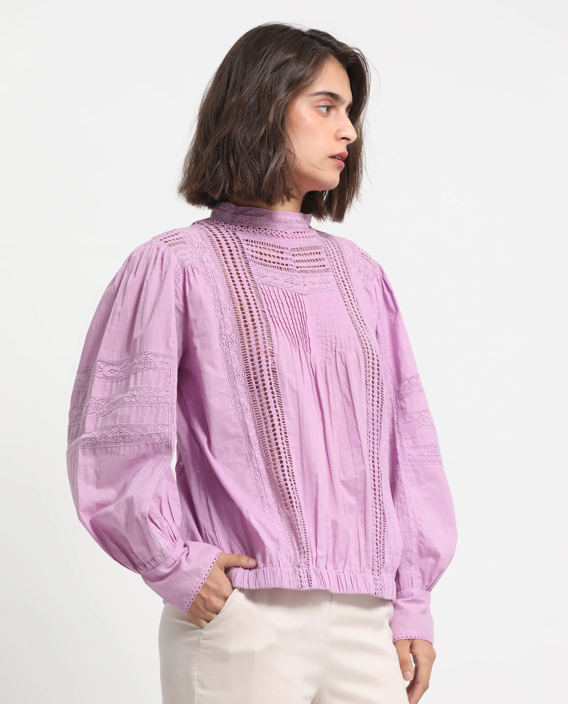 Rareism Women's Schwan Light Purple Cotton High Neck Plain Balloon Sleeve Regular Fit Top - Image 5