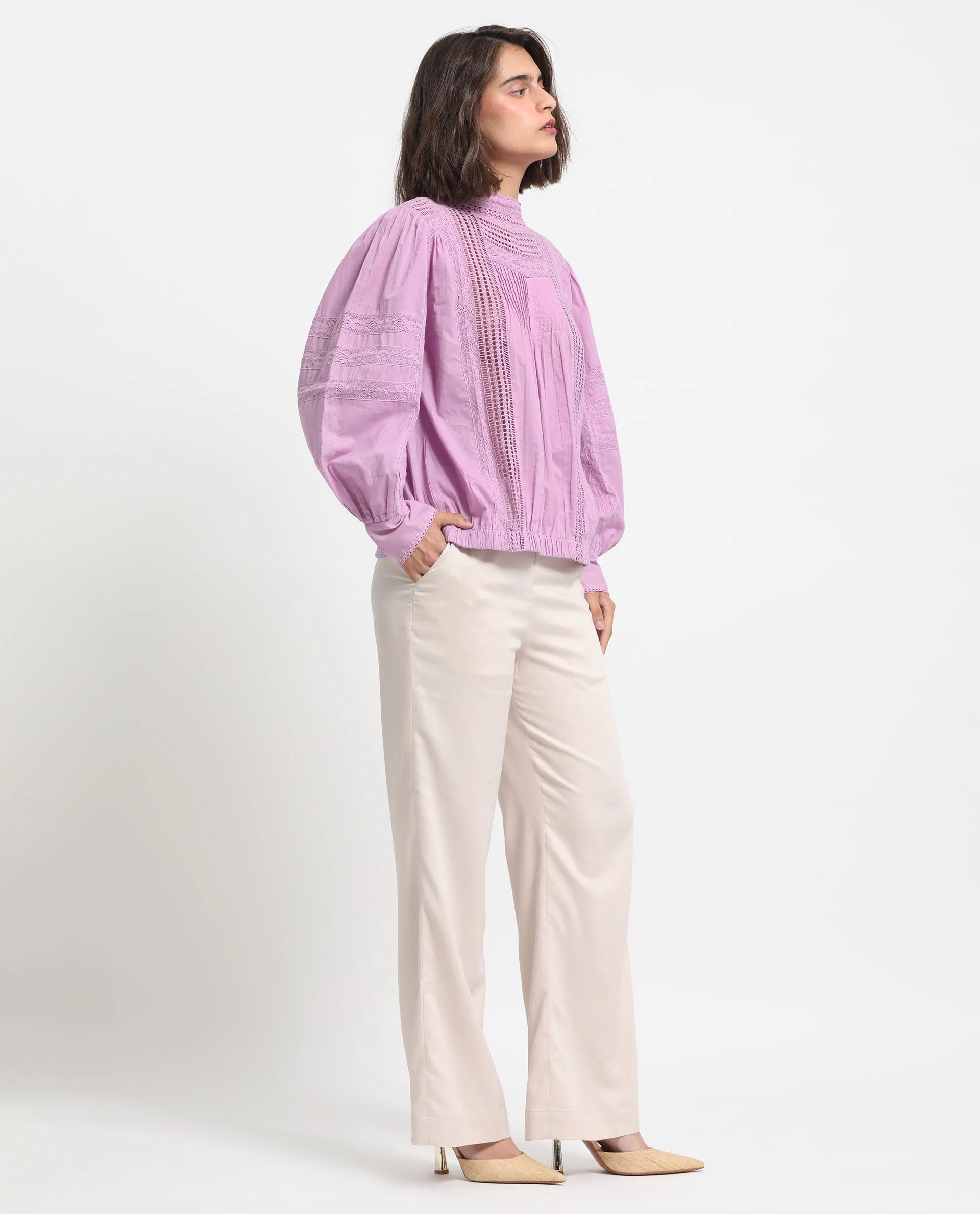 Rareism Women's Schwan Light Purple Cotton High Neck Plain Balloon Sleeve Regular Fit Top - Image 6