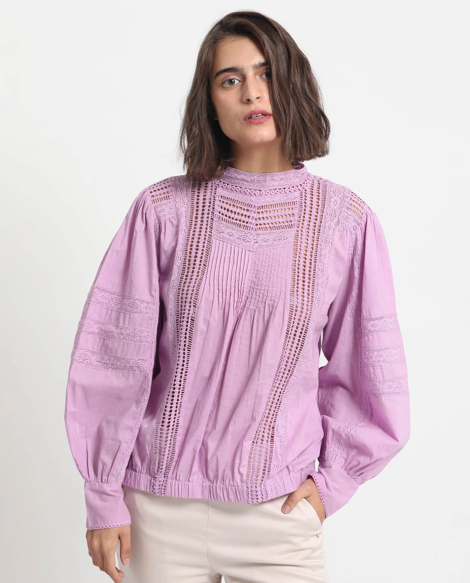 Rareism Women's Schwan Light Purple Cotton High Neck Plain Balloon Sleeve Regular Fit Top - Image 7