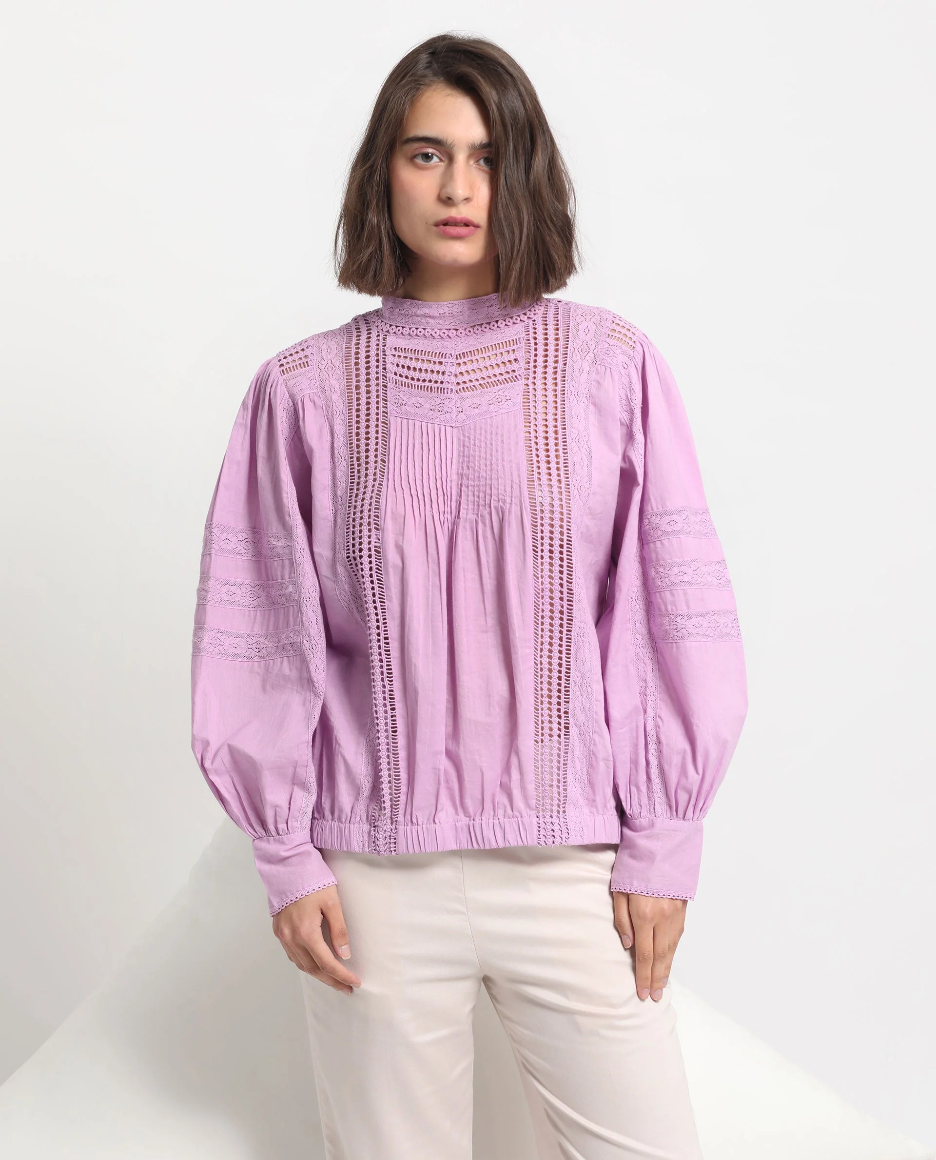 Rareism Women's Schwan Light Purple Cotton High Neck Plain Balloon Sleeve Regular Fit Top - Image 8
