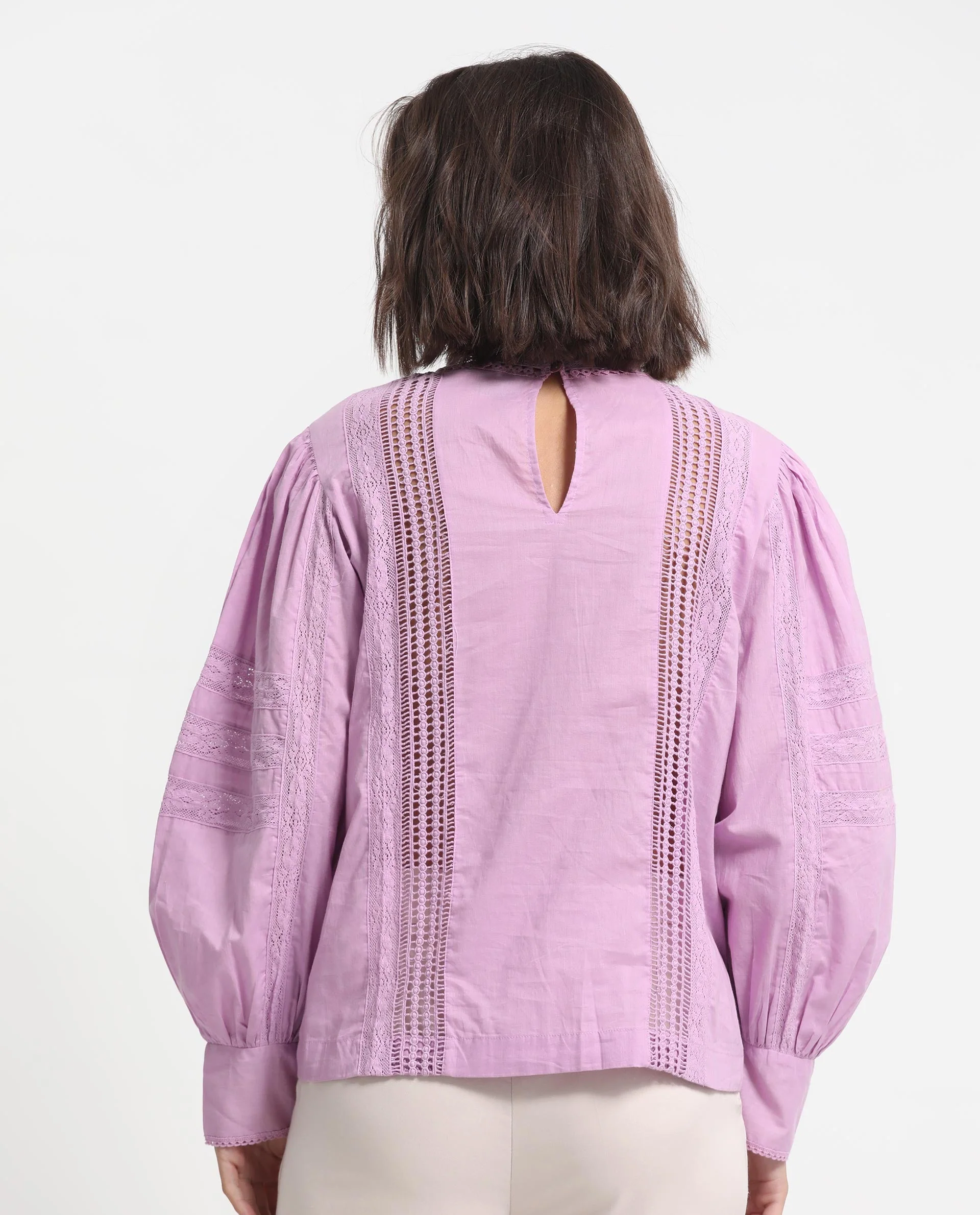 Rareism Women's Schwan Light Purple Cotton High Neck Plain Balloon Sleeve Regular Fit Top - Image 9