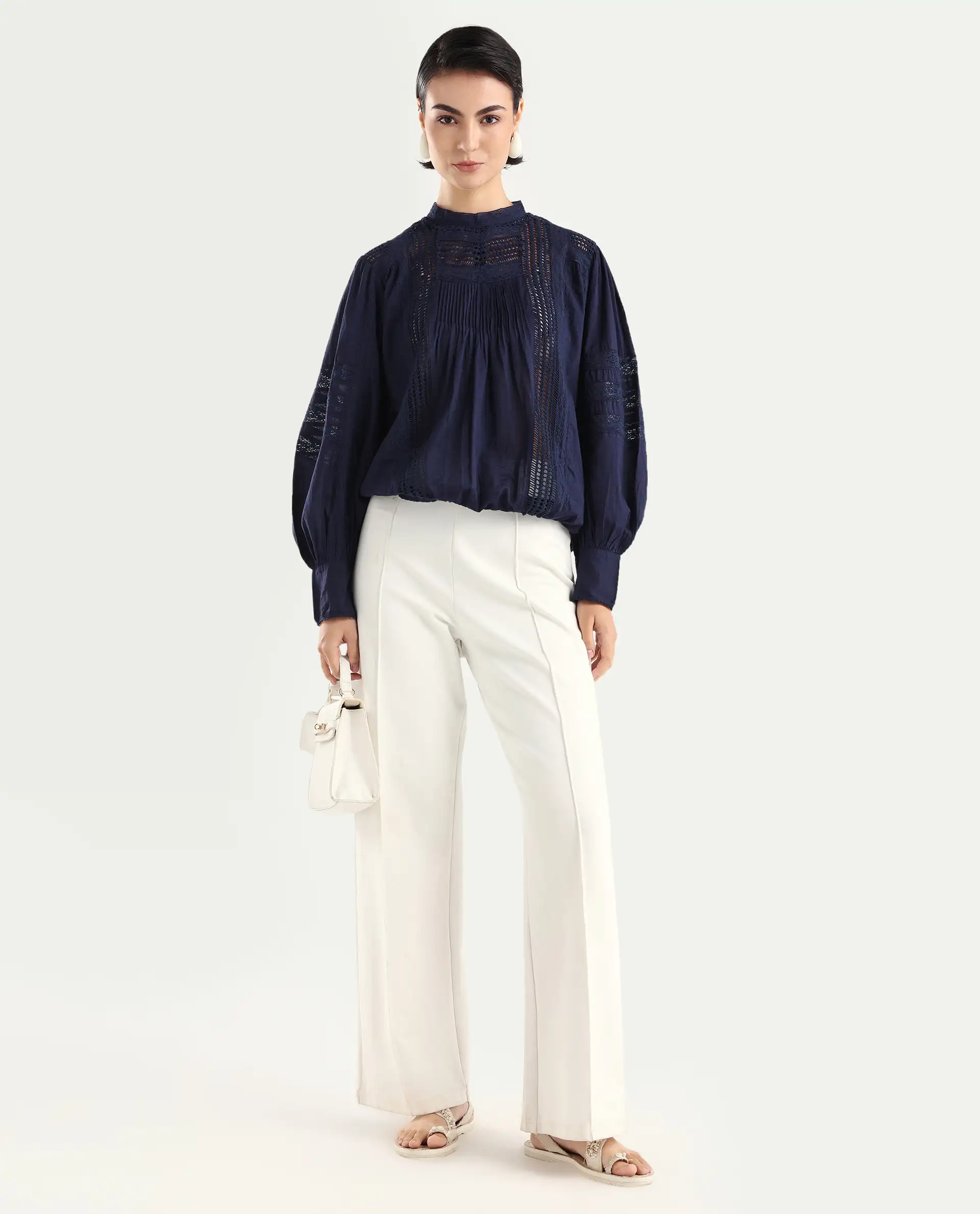 Rareism Women's Schwan Navy Cotton High Neck Plain Balloon Sleeve Regular Fit Top - Image 2