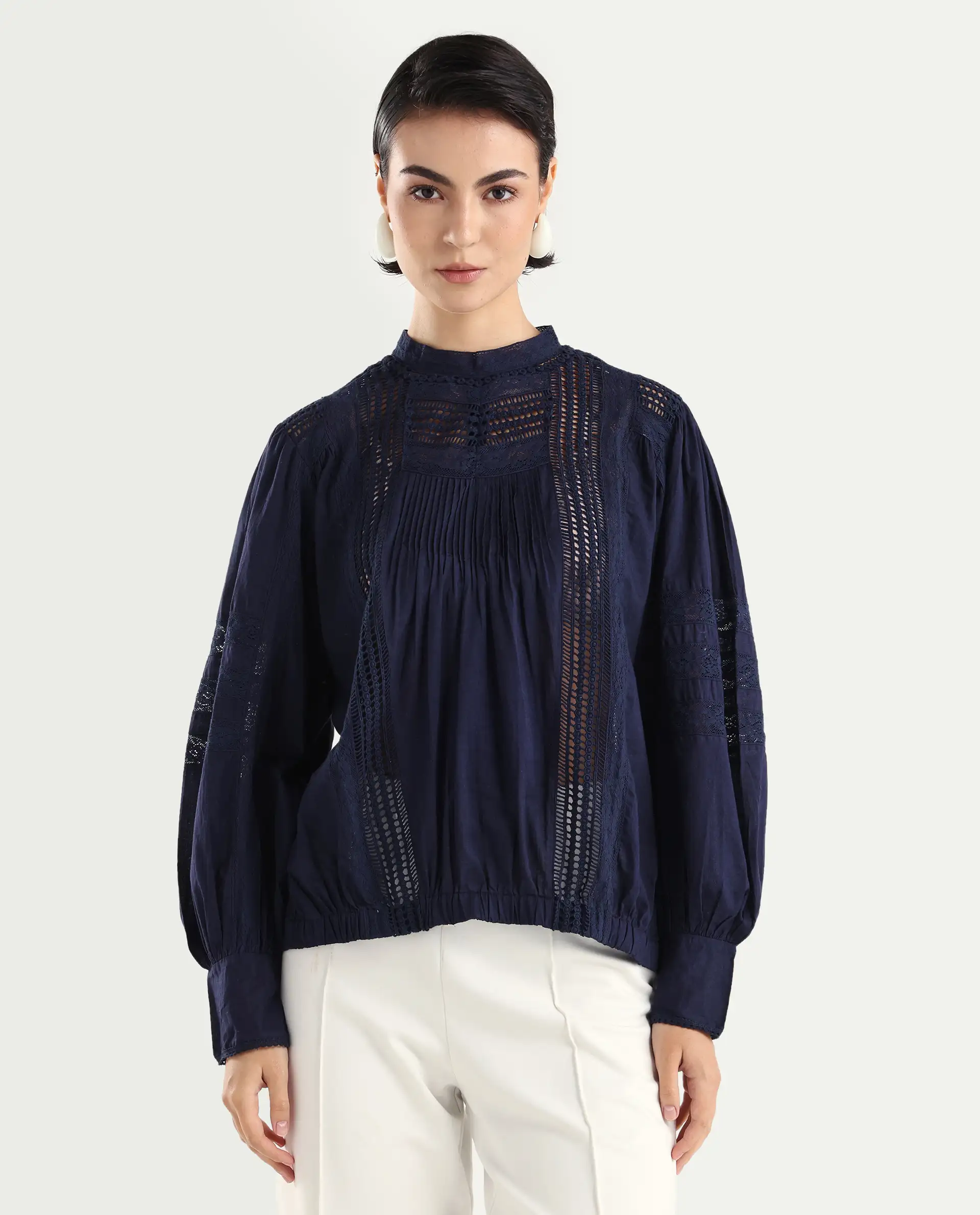Rareism Women's Schwan Navy Cotton High Neck Plain Balloon Sleeve Regular Fit Top - Image 3