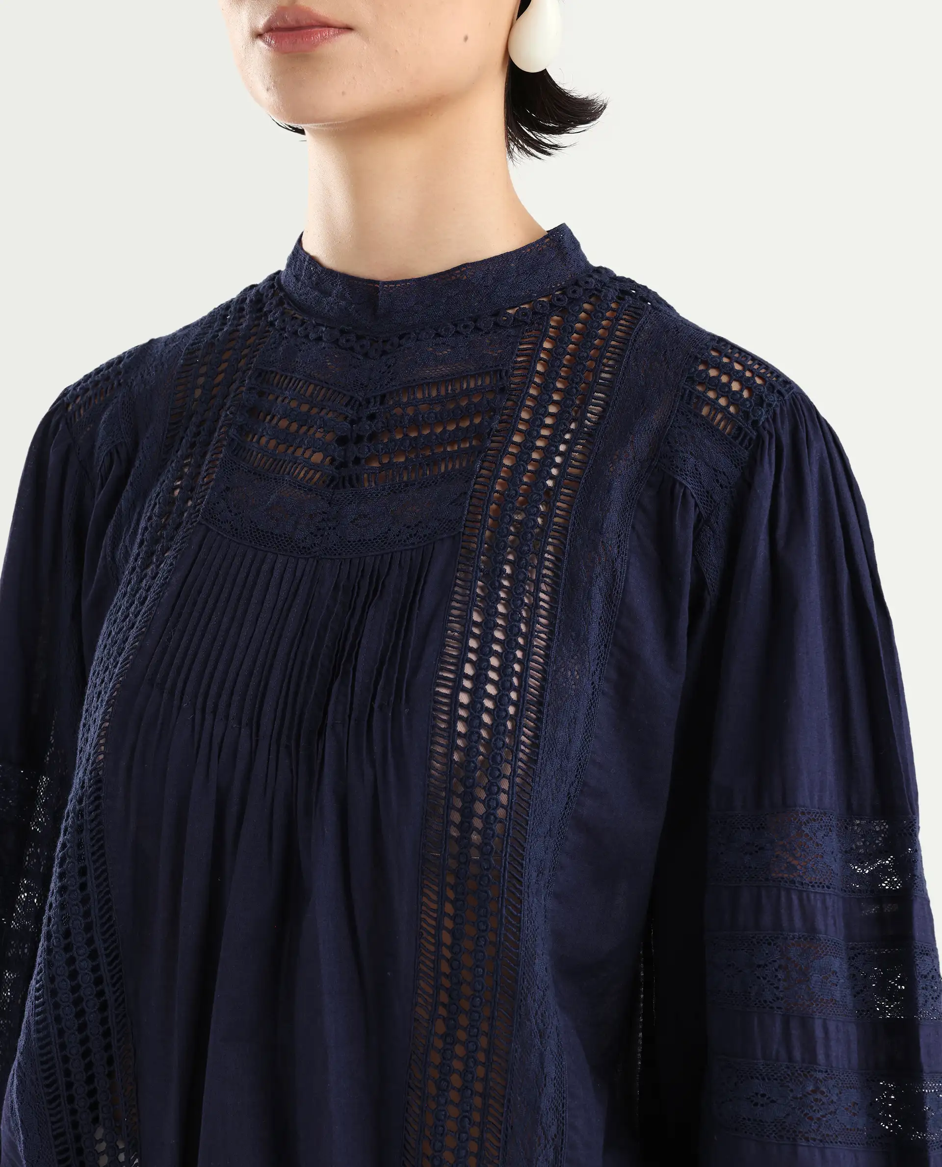 Rareism Women's Schwan Navy Cotton High Neck Plain Balloon Sleeve Regular Fit Top - Image 4