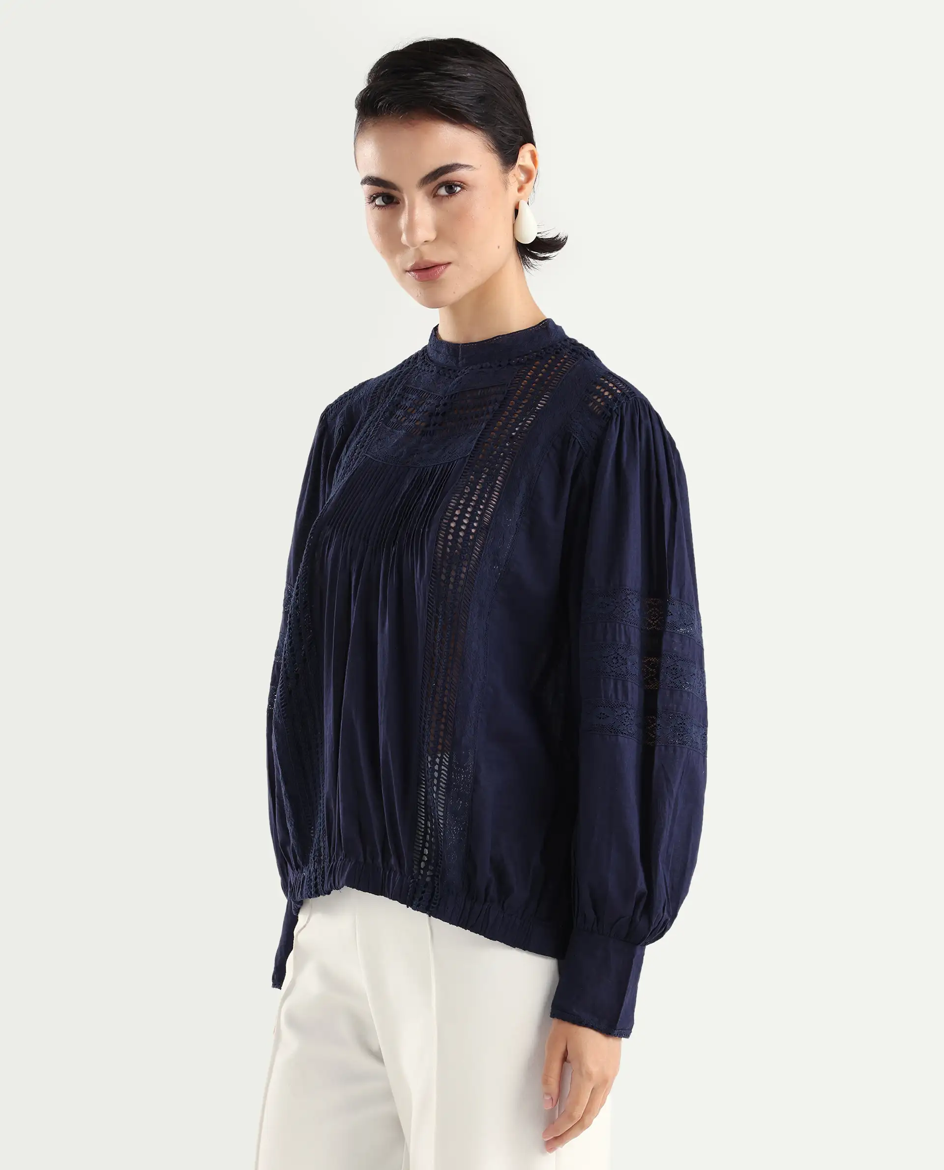 Rareism Women's Schwan Navy Cotton High Neck Plain Balloon Sleeve Regular Fit Top - Image 5
