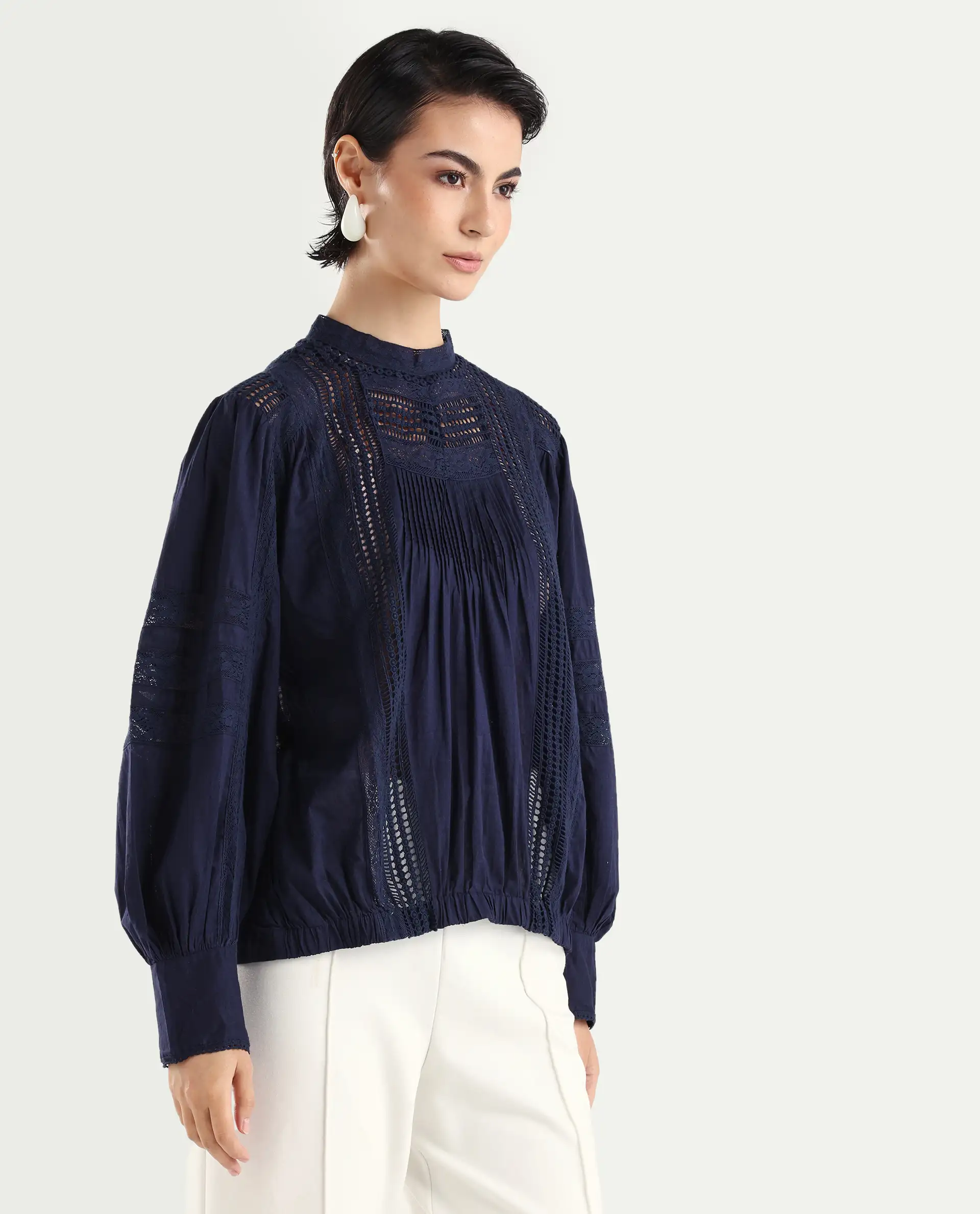 Rareism Women's Schwan Navy Cotton High Neck Plain Balloon Sleeve Regular Fit Top - Image 6