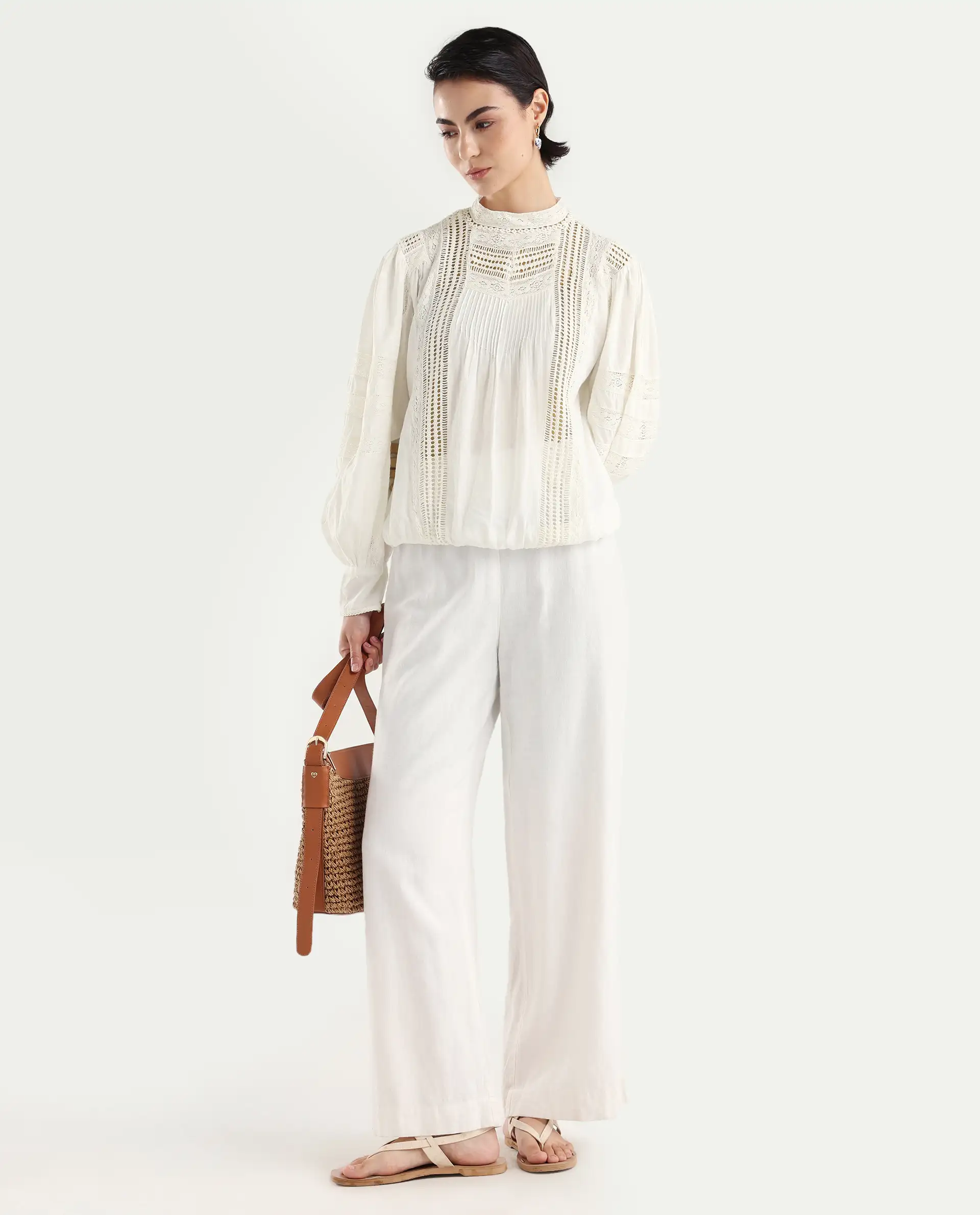 Rareism Women's Schwan White Cotton High Neck Plain Balloon Sleeve Regular Fit Top - Image 2