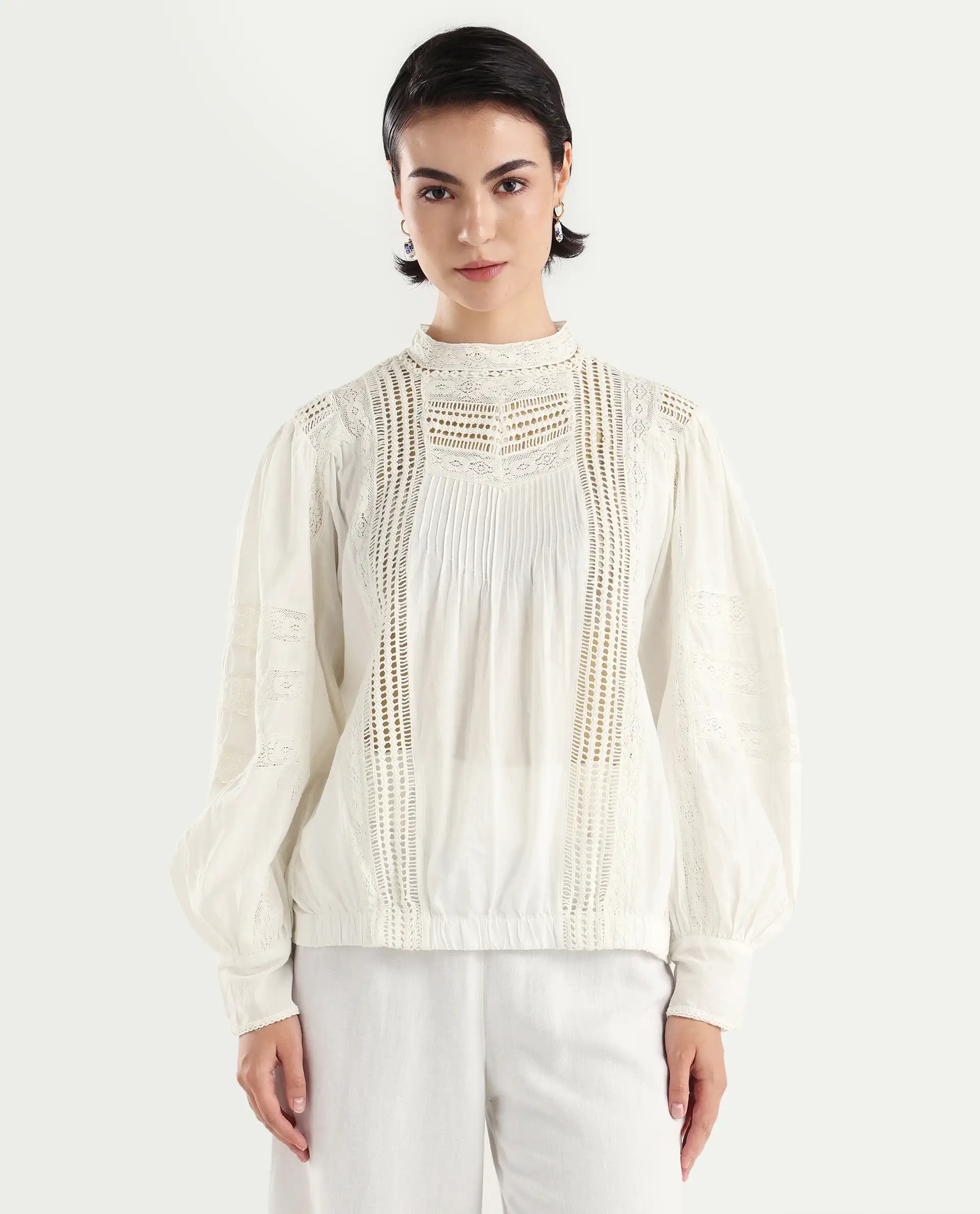 Rareism Women's Schwan White Cotton High Neck Plain Balloon Sleeve Regular Fit Top - Image 3