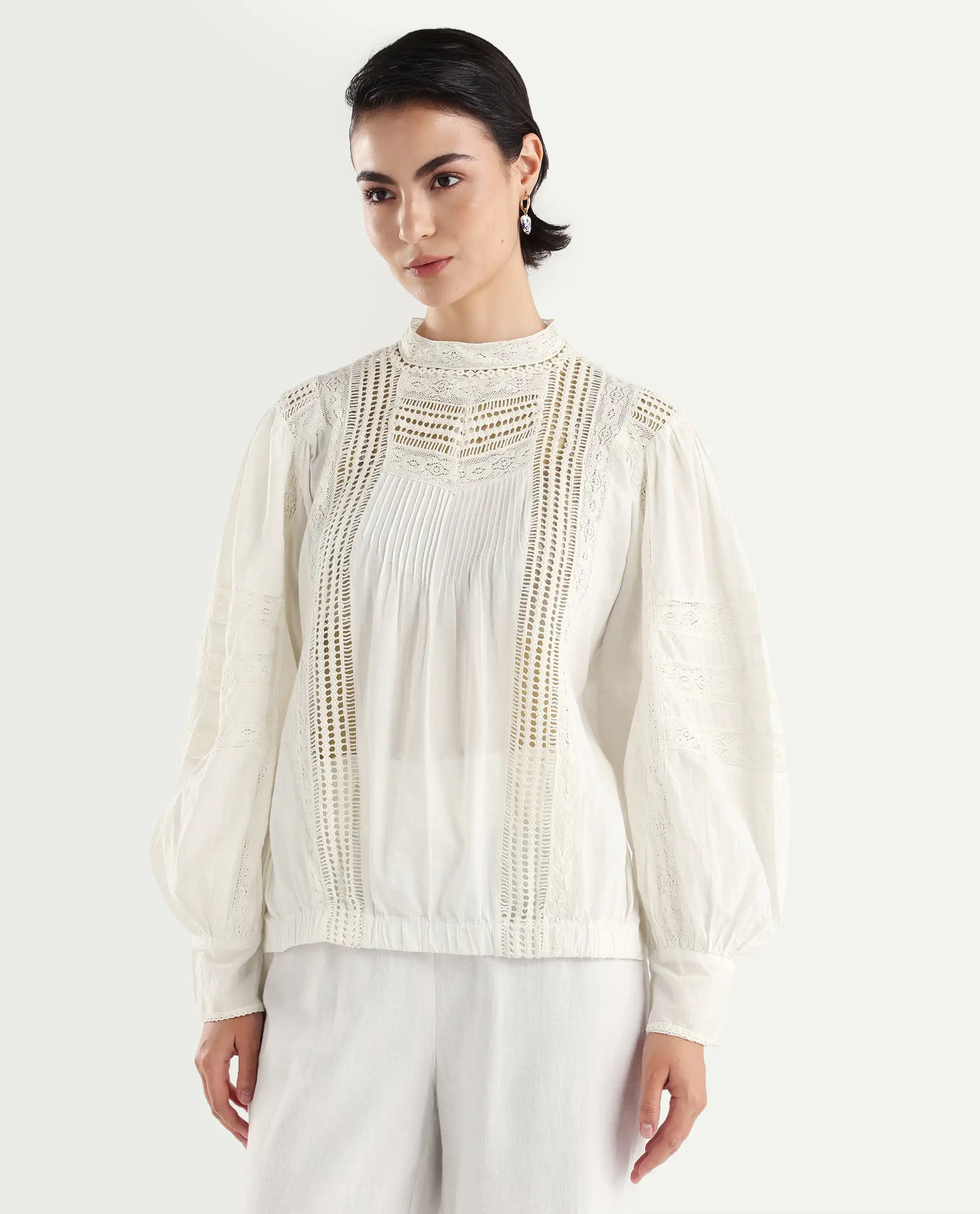 Rareism Women's Schwan White Cotton High Neck Plain Balloon Sleeve Regular Fit Top - Image 5