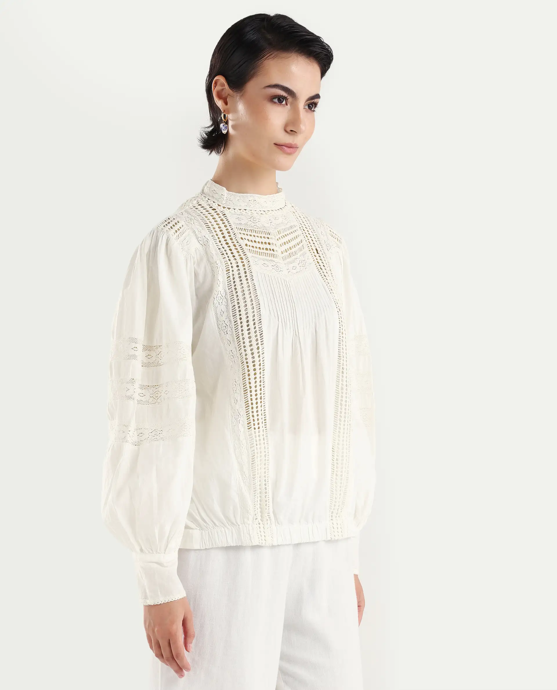 Rareism Women's Schwan White Cotton High Neck Plain Balloon Sleeve Regular Fit Top - Image 6
