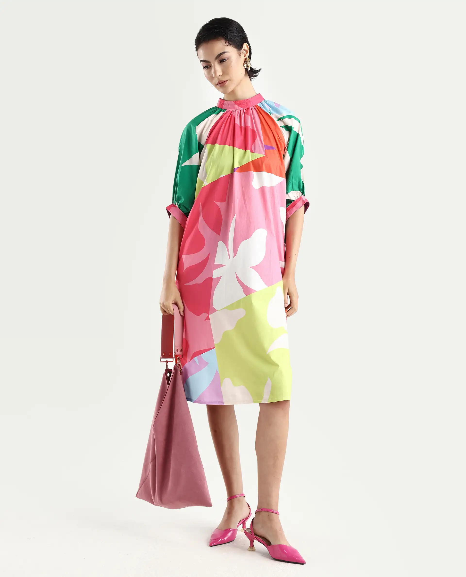 Rareism Women's Scintill Multi Cotton High Neck Floral Print Balloon Sleeve Knee Length Relaxed Fit Dress - Image 2
