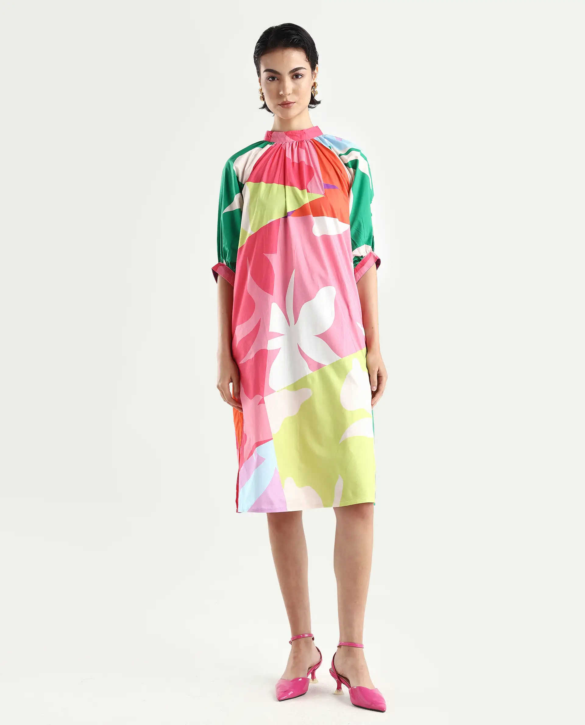 Rareism Women's Scintill Multi Cotton High Neck Floral Print Balloon Sleeve Knee Length Relaxed Fit Dress - Image 3