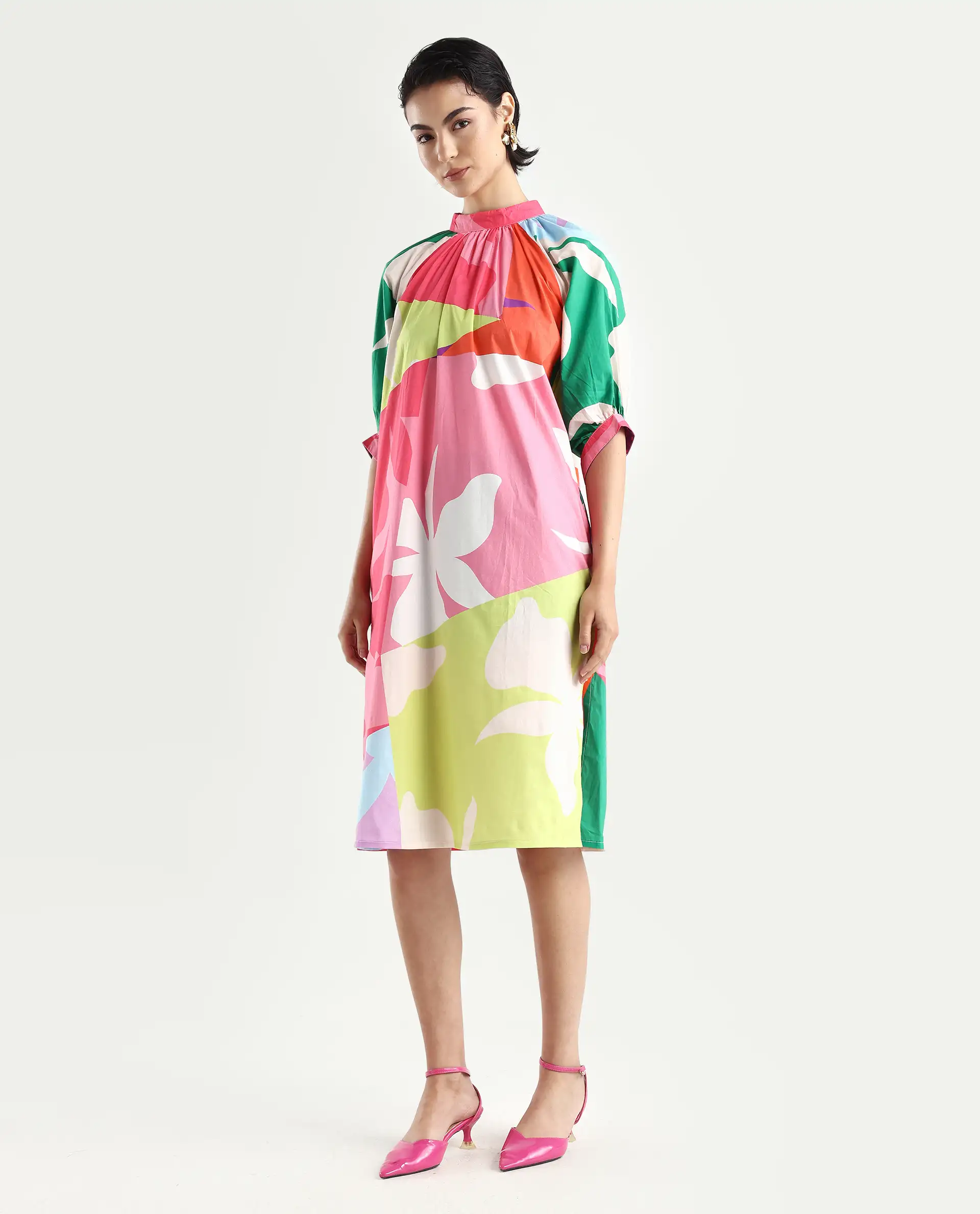 Rareism Women's Scintill Multi Cotton High Neck Floral Print Balloon Sleeve Knee Length Relaxed Fit Dress - Image 5
