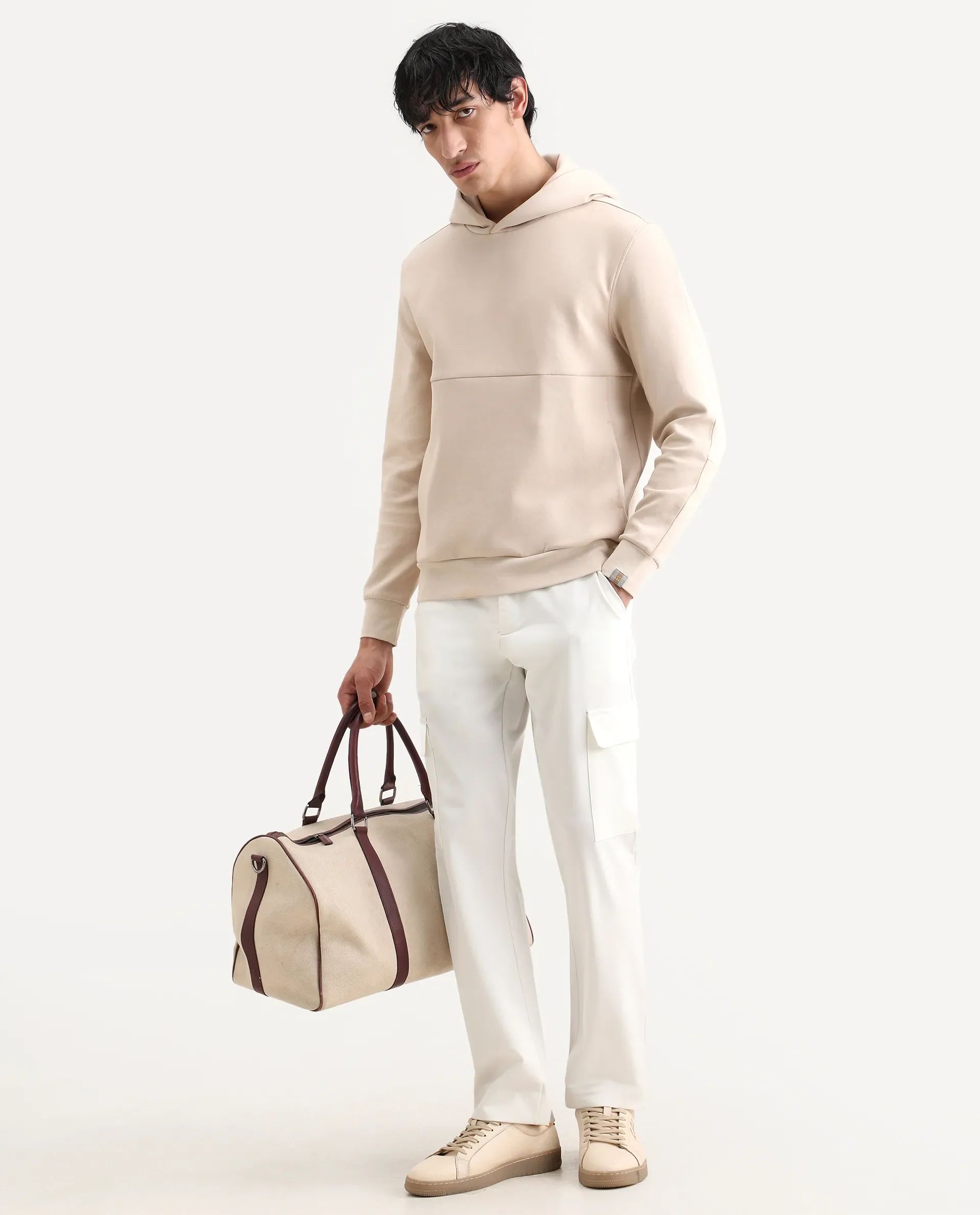 Rare Rabbit Men's Scon Light Beige Cotton Plain Regular Fit Full Sleeve Hooded Sweatshirt - Image 2