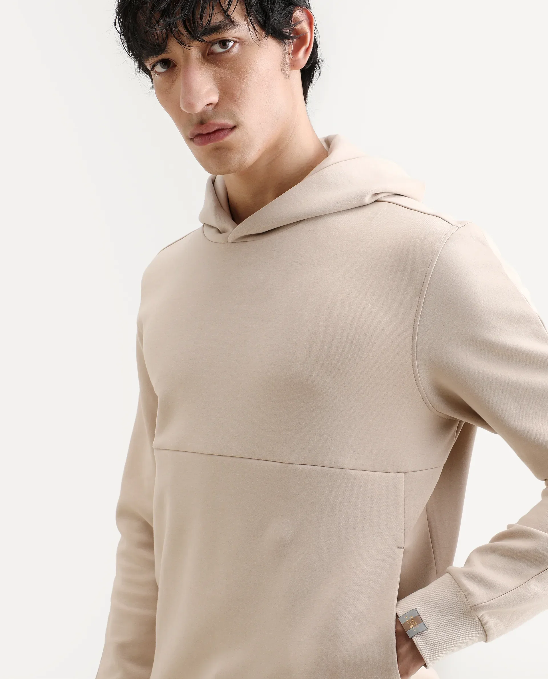 Rare Rabbit Men's Scon Light Beige Cotton Plain Regular Fit Full Sleeve Hooded Sweatshirt - Image 3