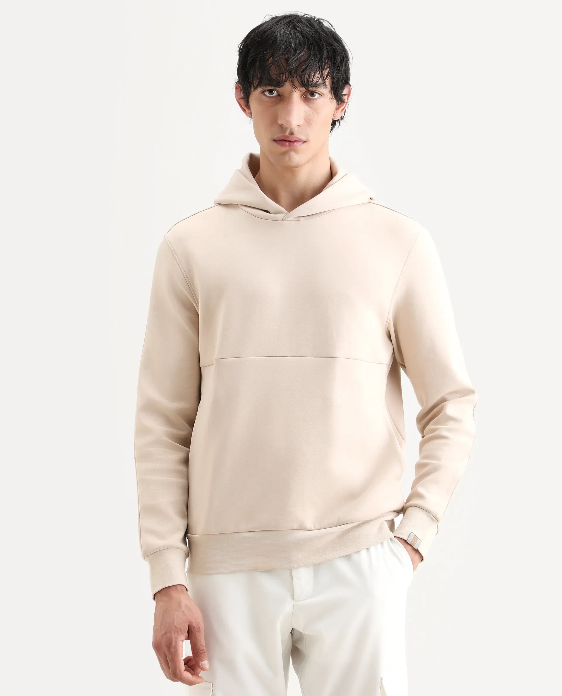Rare Rabbit Men's Scon Light Beige Cotton Plain Regular Fit Full Sleeve Hooded Sweatshirt - Image 4