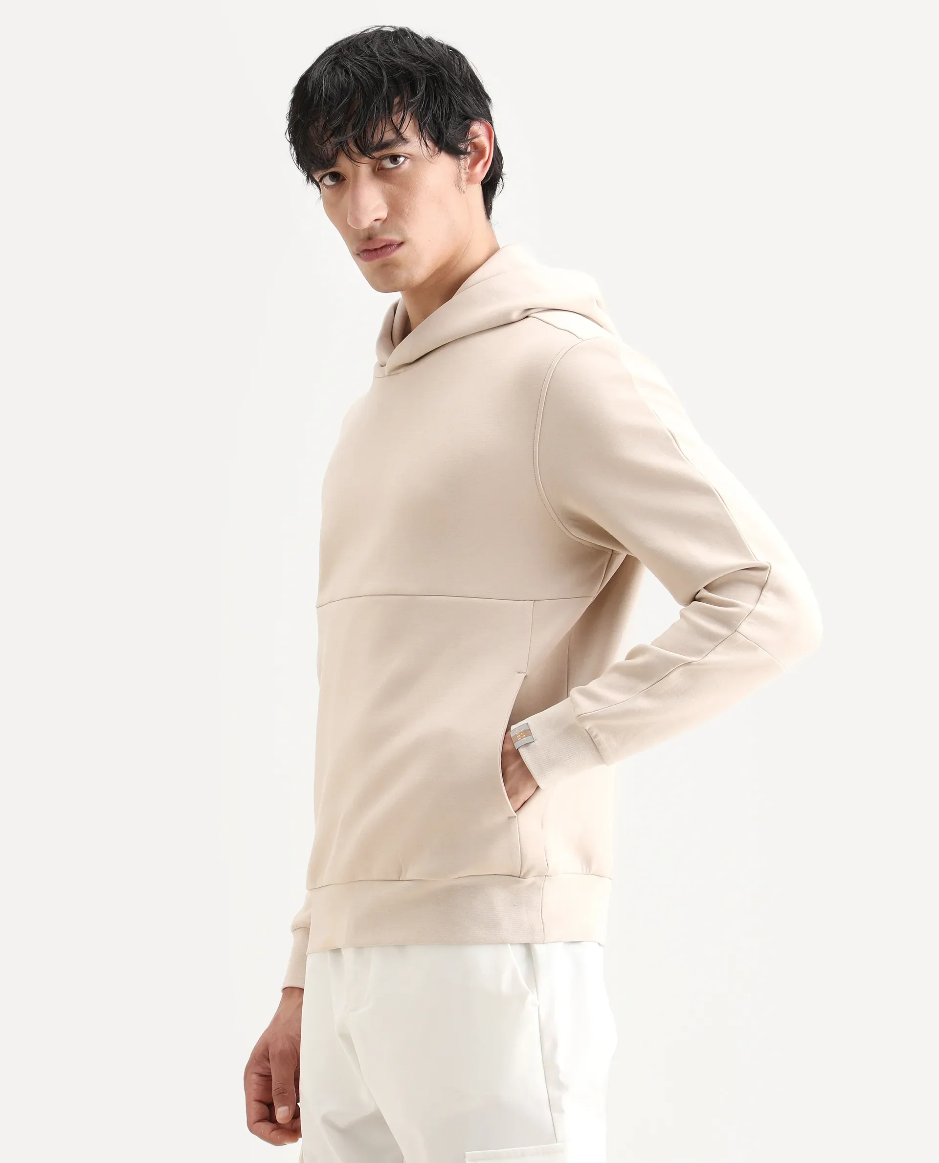 Rare Rabbit Men's Scon Light Beige Cotton Plain Regular Fit Full Sleeve Hooded Sweatshirt - Image 5