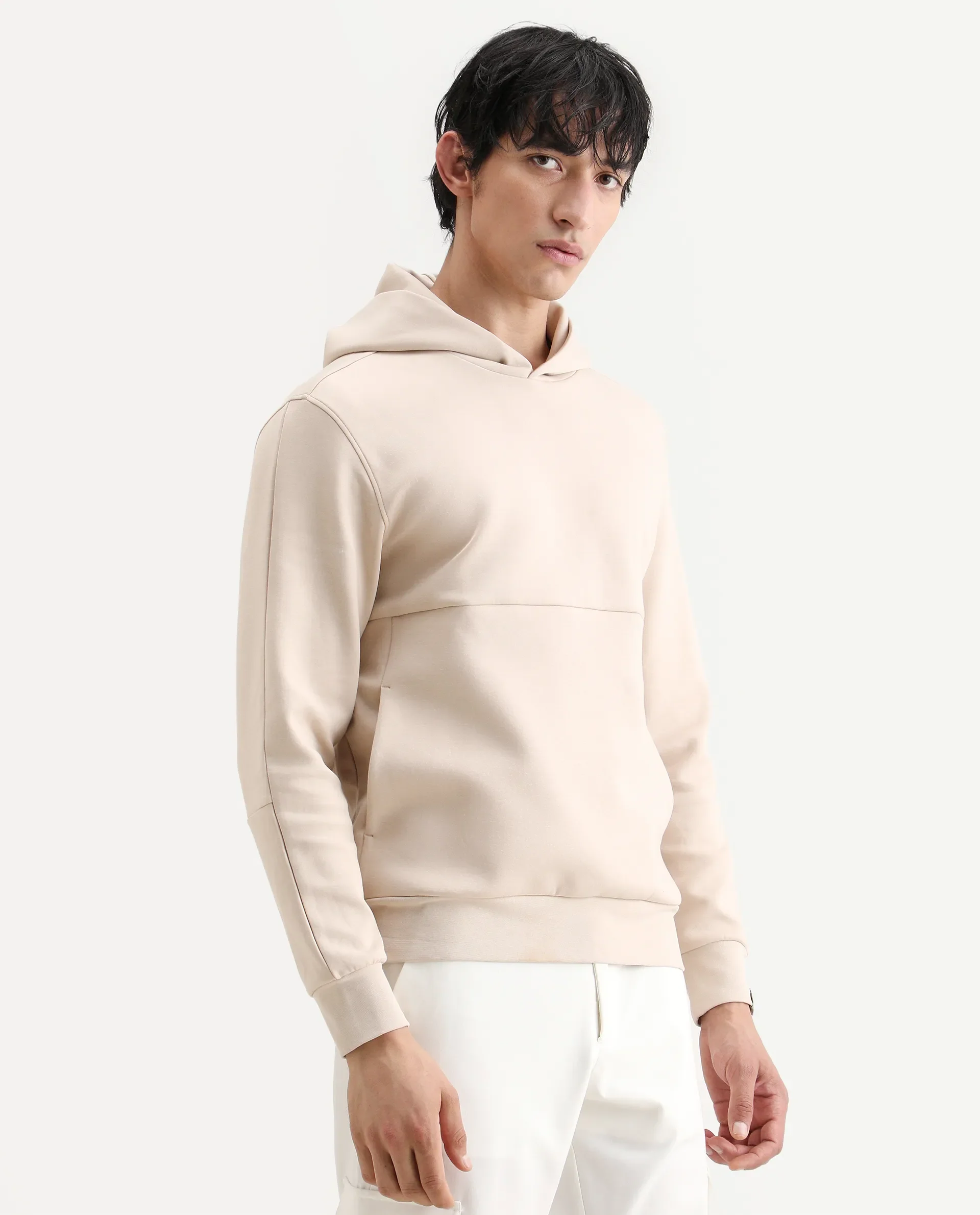 Rare Rabbit Men's Scon Light Beige Cotton Plain Regular Fit Full Sleeve Hooded Sweatshirt - Image 6