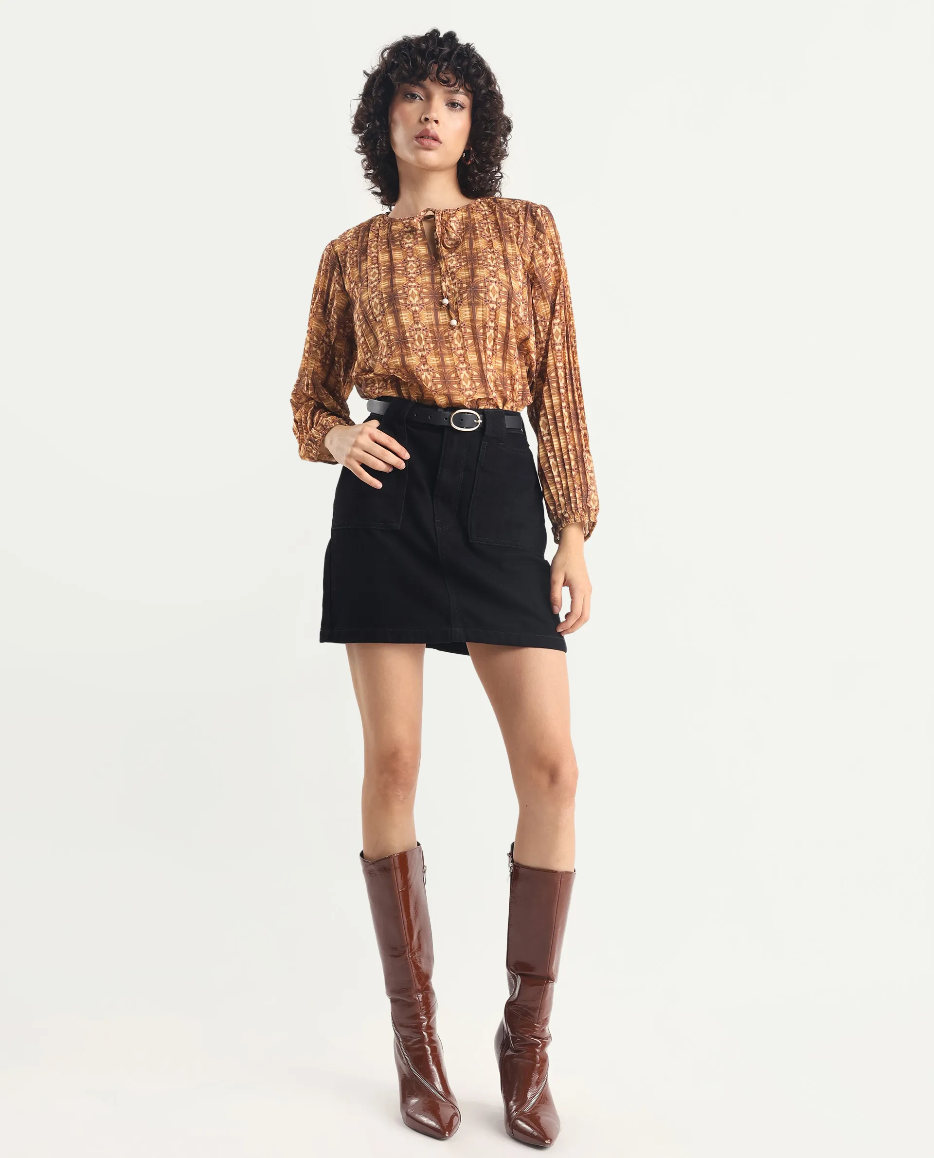 Rareism Women's Scoob Brown Polyester Tie-Up Neck Abstract Print Relaxed Fit Top - Image 2