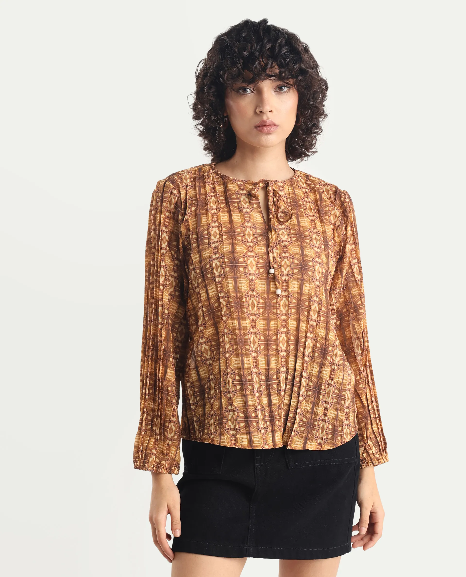 Rareism Women's Scoob Brown Polyester Tie-Up Neck Abstract Print Relaxed Fit Top - Image 4