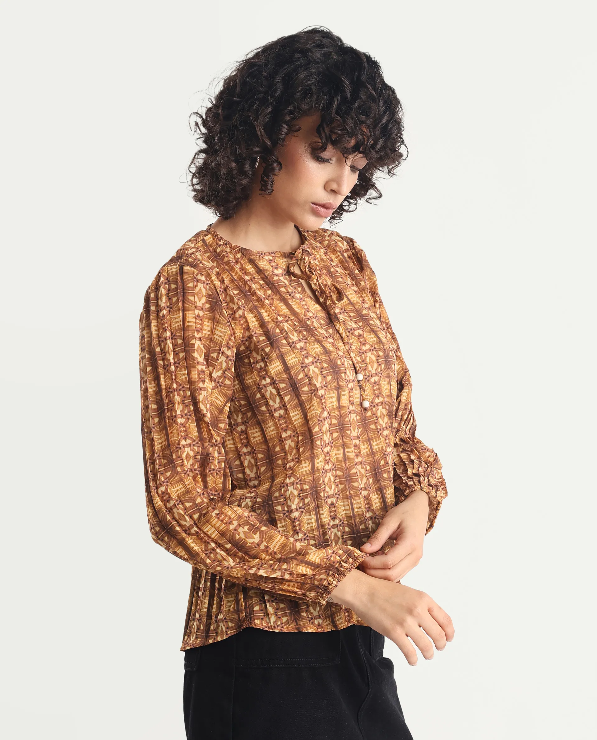 Rareism Women's Scoob Brown Polyester Tie-Up Neck Abstract Print Relaxed Fit Top - Image 5