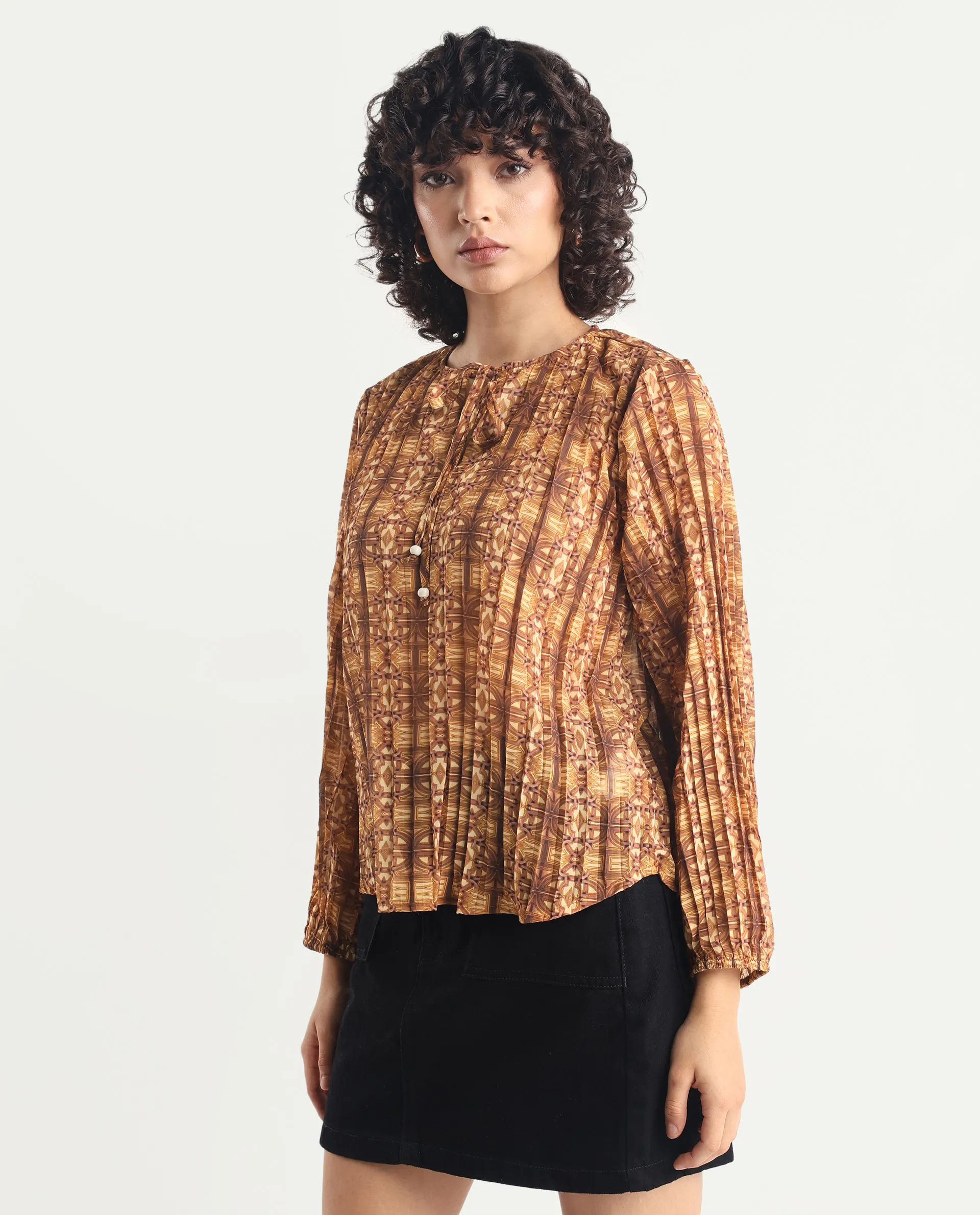 Rareism Women's Scoob Brown Polyester Tie-Up Neck Abstract Print Relaxed Fit Top - Image 6