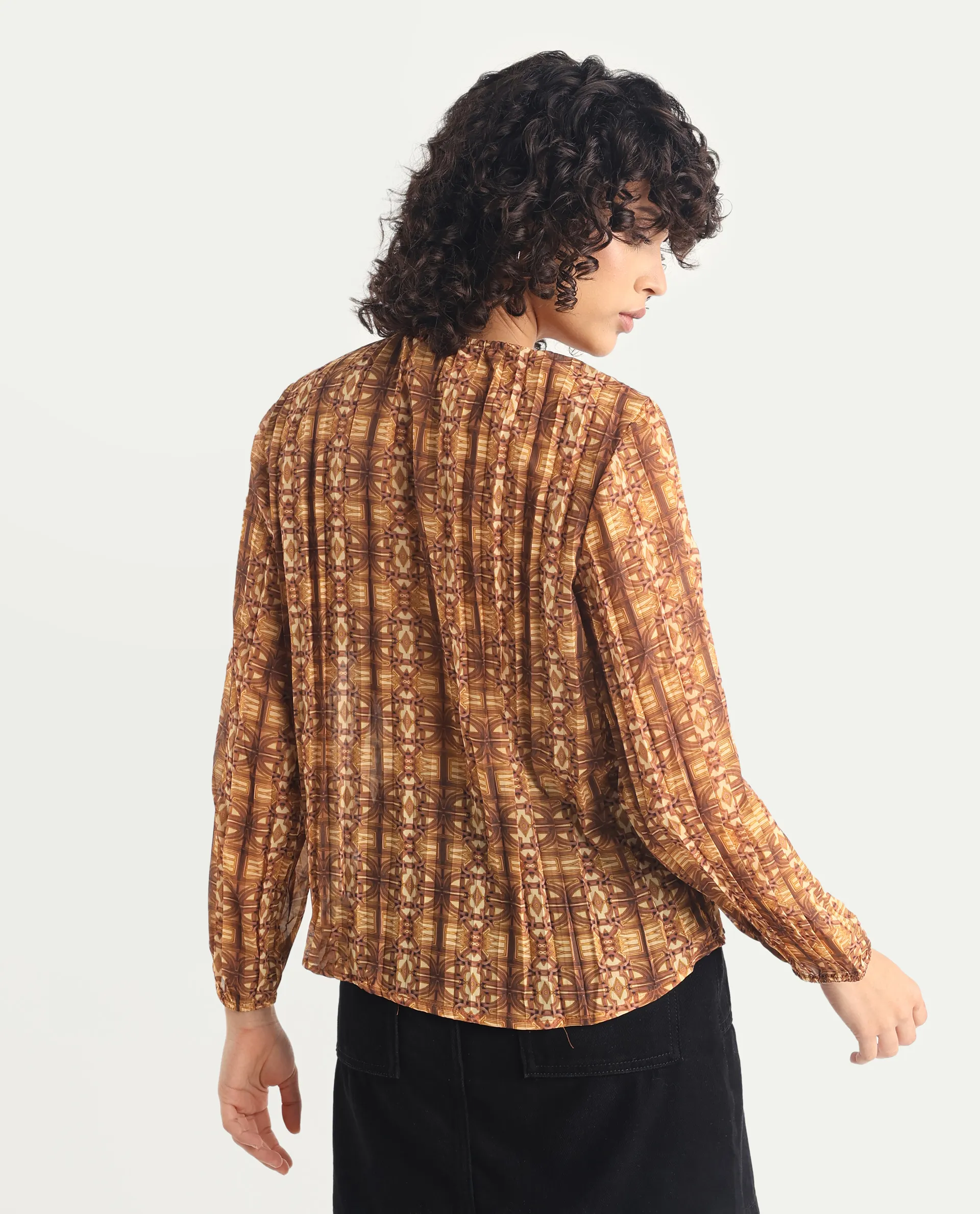 Rareism Women's Scoob Brown Polyester Tie-Up Neck Abstract Print Relaxed Fit Top - Image 7