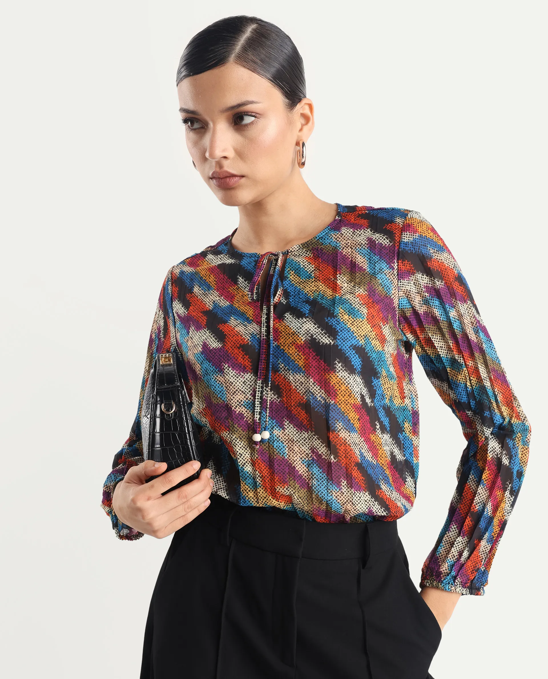 Rareism Women's Scooby Multi Polyester Tie-Up Neck Abstract Print Relaxed Fit Top