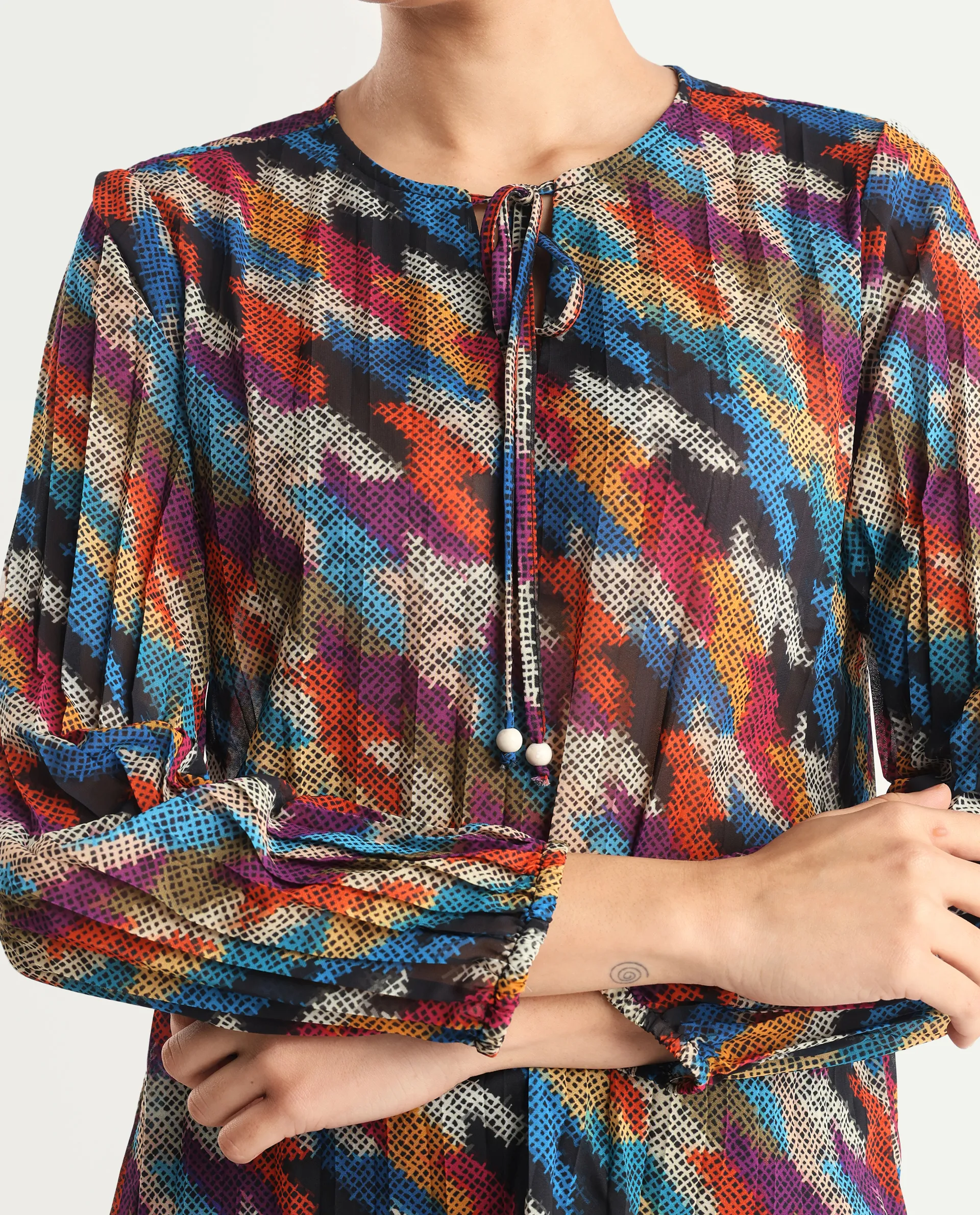 Rareism Women's Scooby Multi Polyester Tie-Up Neck Abstract Print Relaxed Fit Top - Image 3